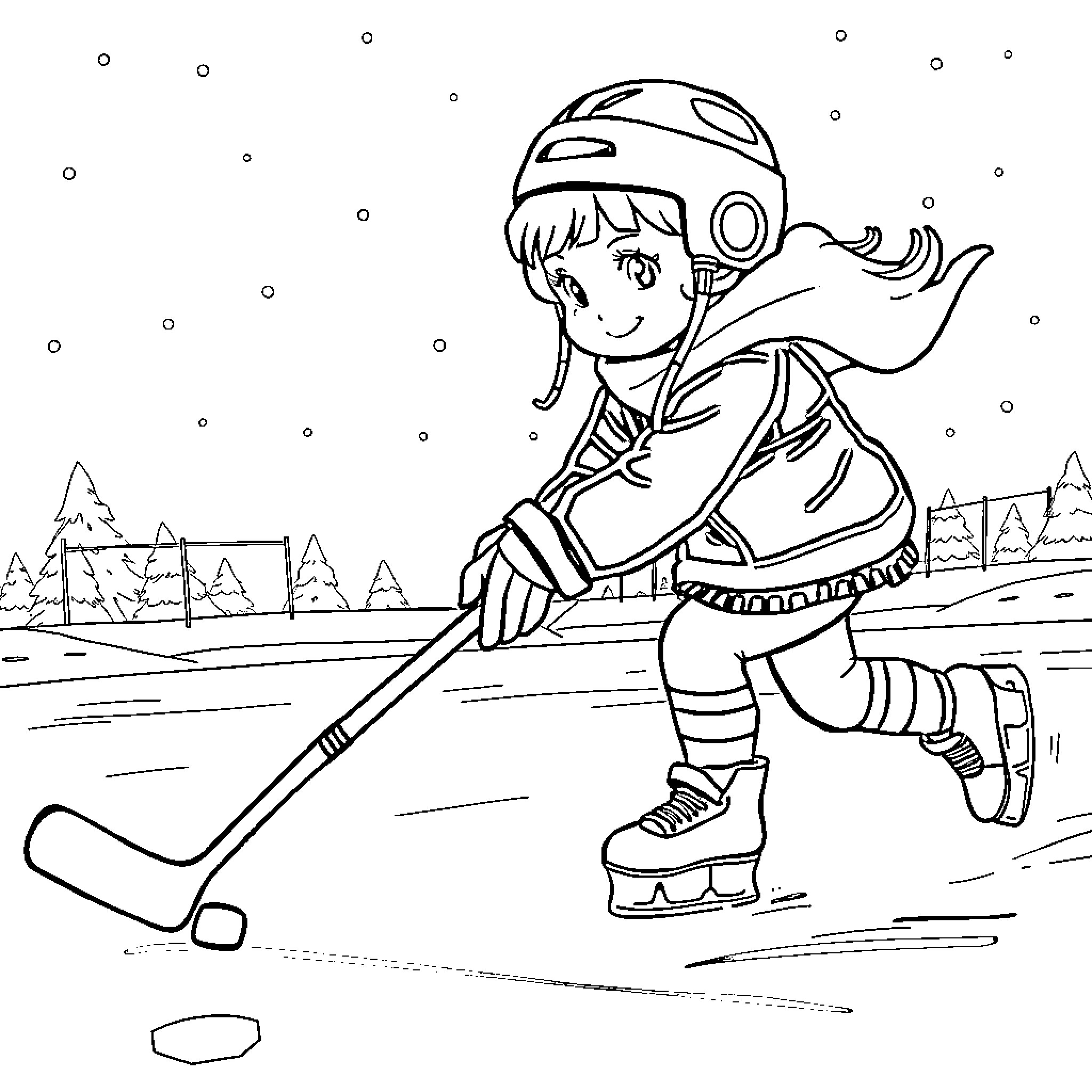 Girl playing hockey on frozen pond Coloring Page (free black-and-white line drawing printable PDF for all, from beginners to advanced learners, including children, teens, adults, and seniors)