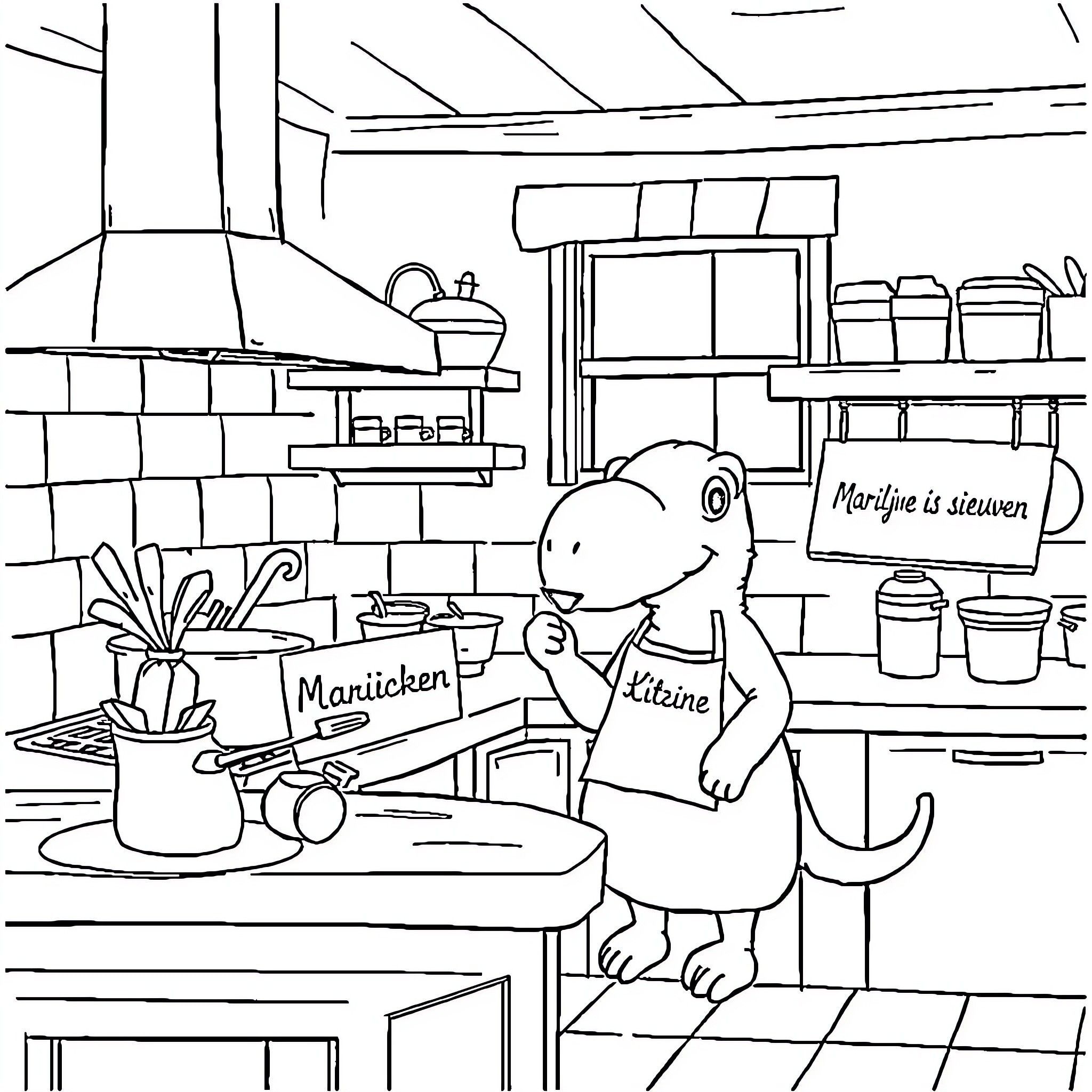 Girl exploring a kitchen with cooking utensils Coloring Page (free black-and-white line drawing printable PDF for all, from beginners to advanced learners, including children, teens, adults, and seniors)
