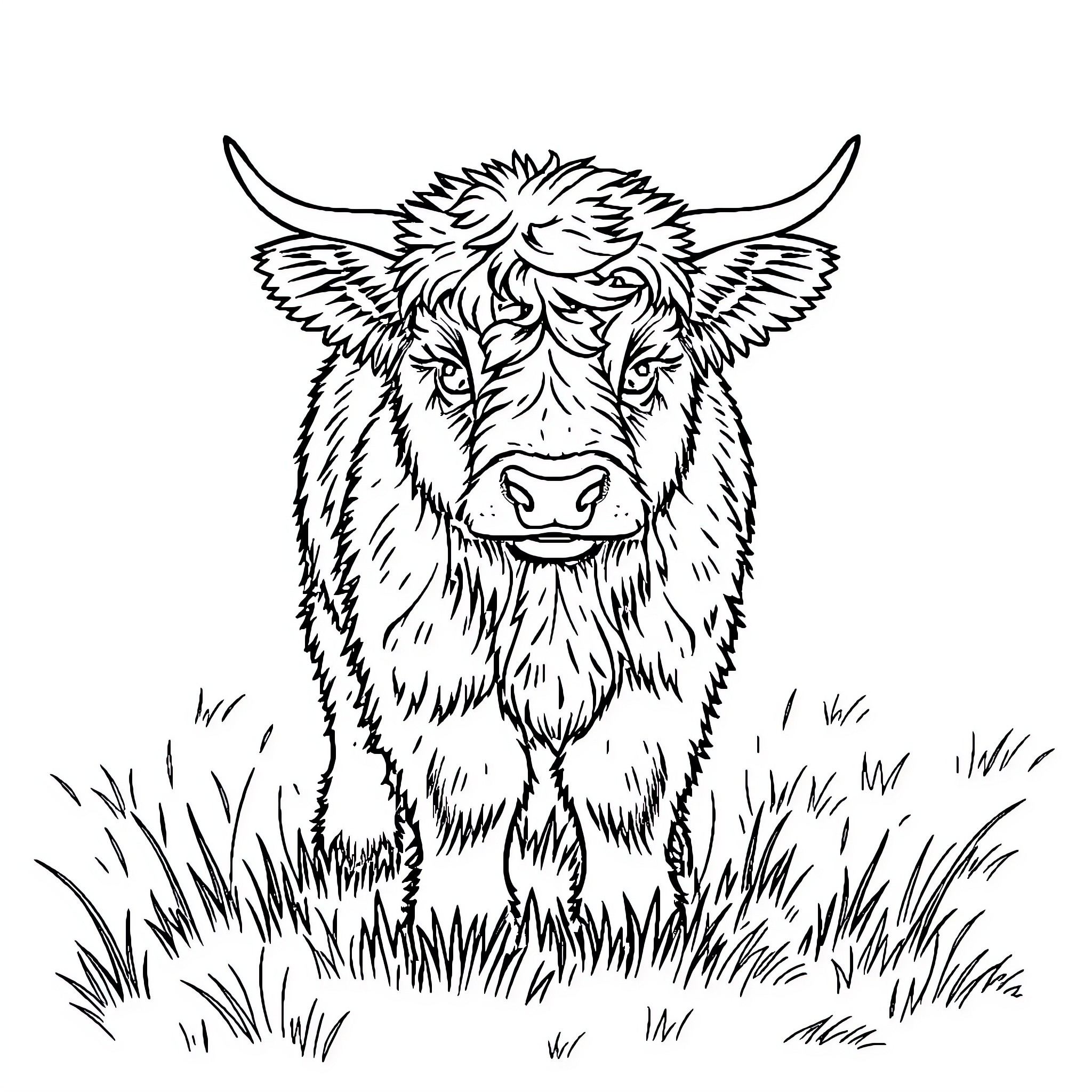 Highland Cow standing in tall grass Coloring Page (free black-and-white line drawing printable PDF for all, from beginners to advanced learners, including children, teens, adults, and seniors)