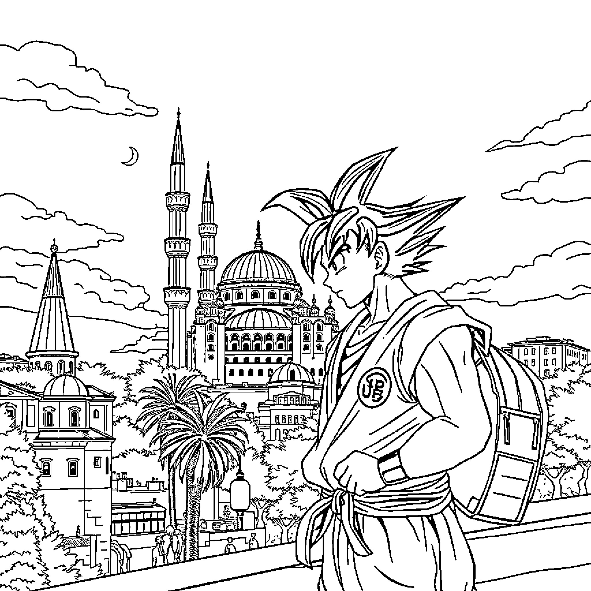 Son Goku in a majestic city landscape Coloring Page (free black-and-white line drawing printable PDF for all, from beginners to advanced learners, including children, teens, adults, and seniors)