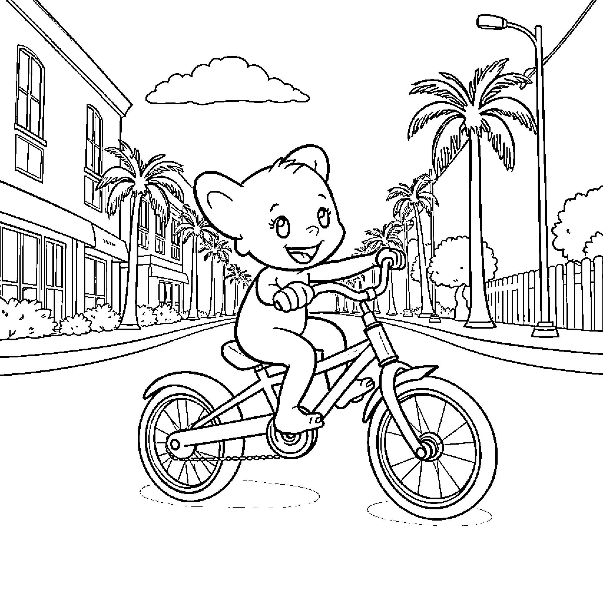 Bluey riding a bicycle in a tropical town Coloring Page (free black-and-white line drawing printable PDF for all, from beginners to advanced learners, including children, teens, adults, and seniors)