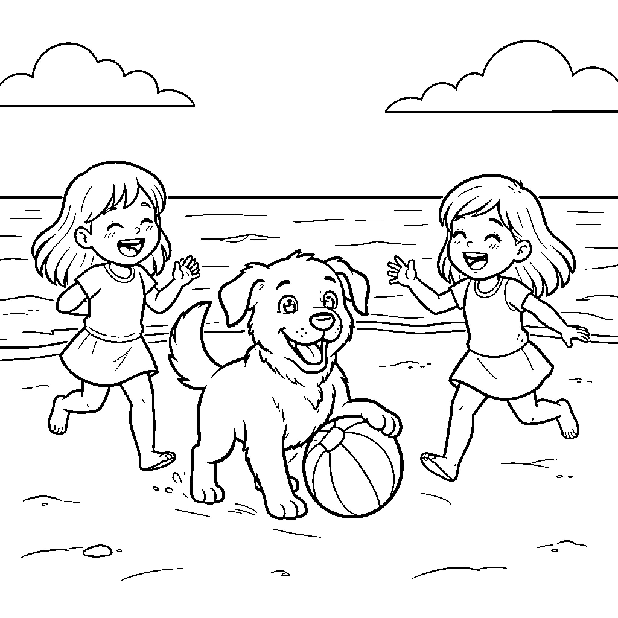 Perro enjoying playtime with girls on the beach Coloring Page (free black-and-white line drawing printable PDF for all, from beginners to advanced learners, including children, teens, adults, and seniors)