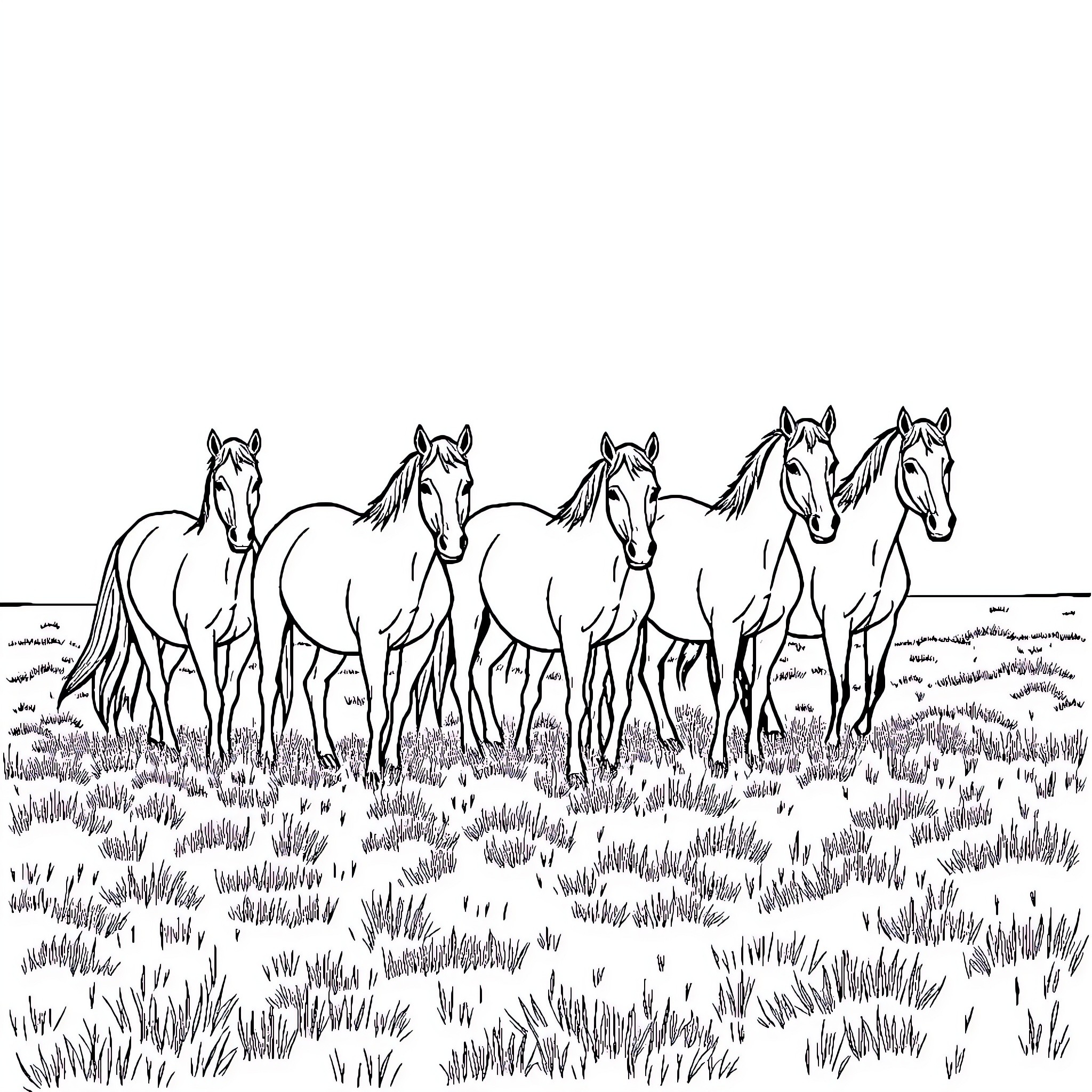 Horse herd grazing peacefully in the meadow Coloring Page (free black-and-white line drawing printable PDF for all, from beginners to advanced learners, including children, teens, adults, and seniors)