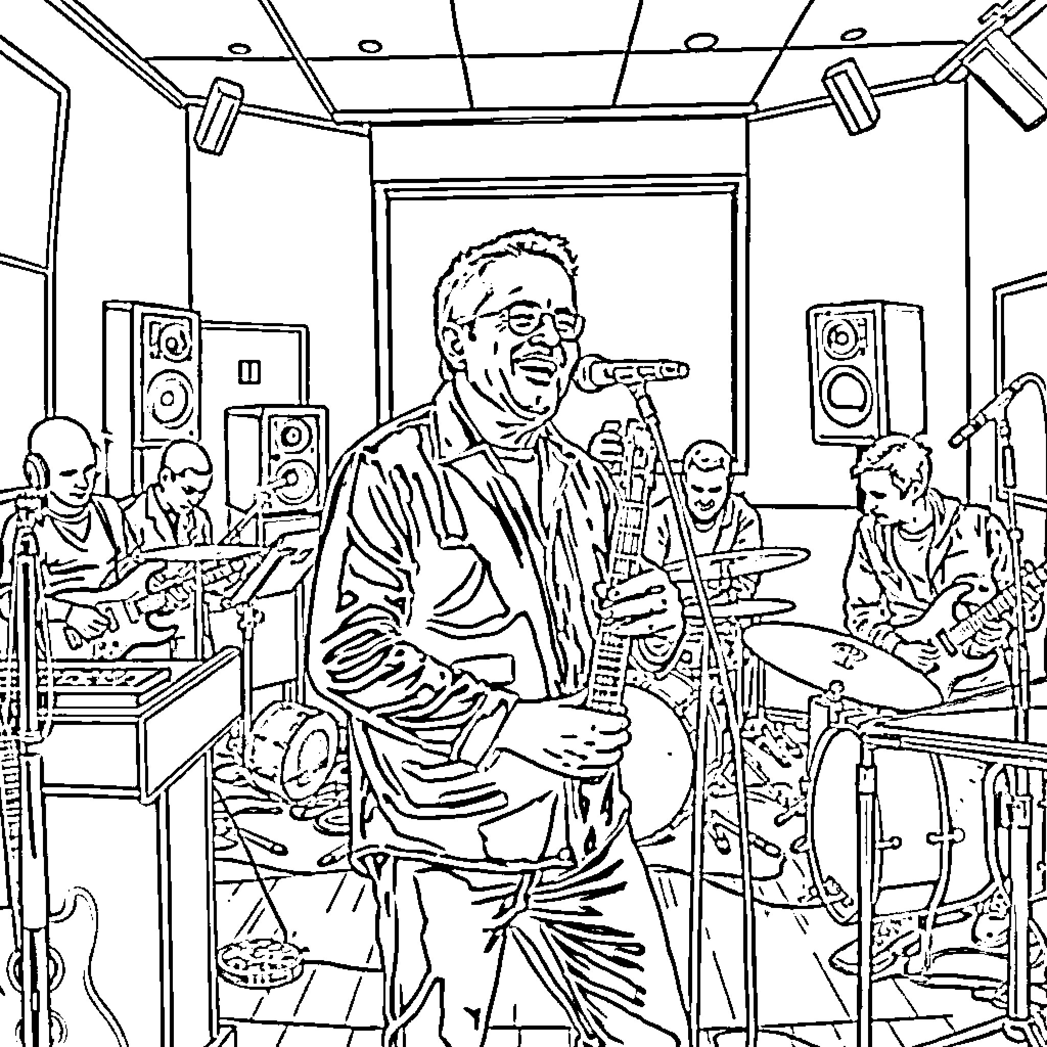 Billy Joel Performing Music in a Recording Studio Coloring Page (free black-and-white line drawing printable PDF for all, from beginners to advanced learners, including children, teens, adults, and seniors)