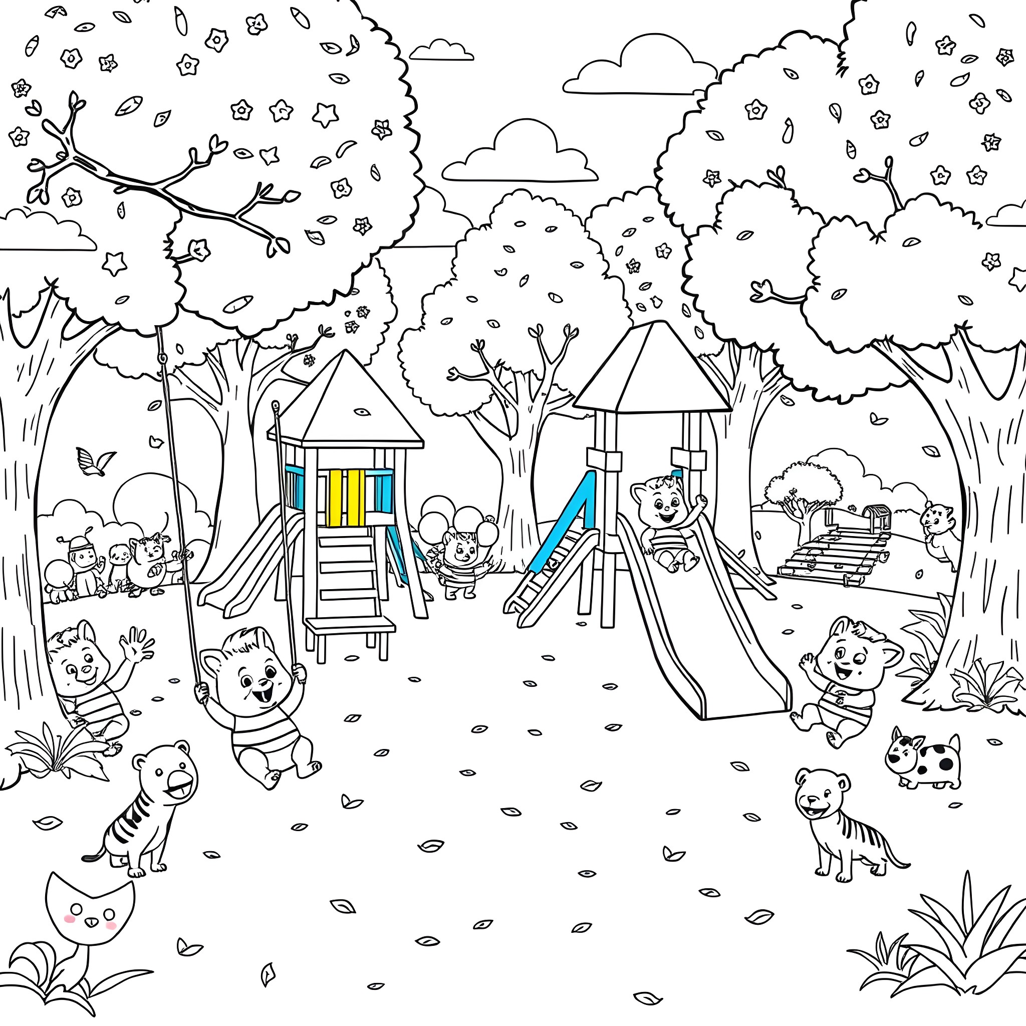 Sprunkie's Whimsical Playground Adventure Coloring Page (free black-and-white line drawing printable PDF for all, from beginners to advanced learners, including children, teens, adults, and seniors)