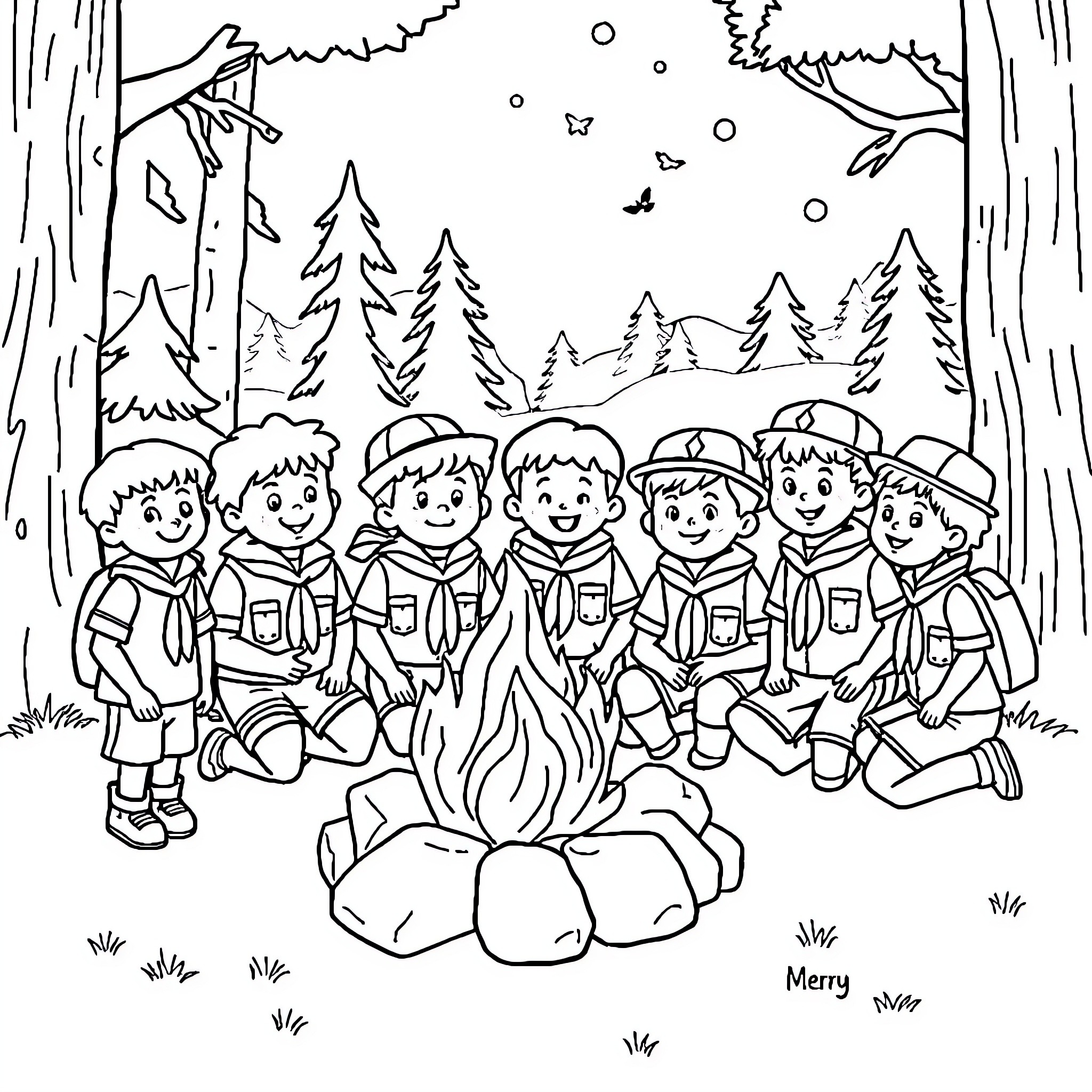 Cub Scouts enjoying a campfire in the woods Coloring Page (free black-and-white line drawing printable PDF for all, from beginners to advanced learners, including children, teens, adults, and seniors)
