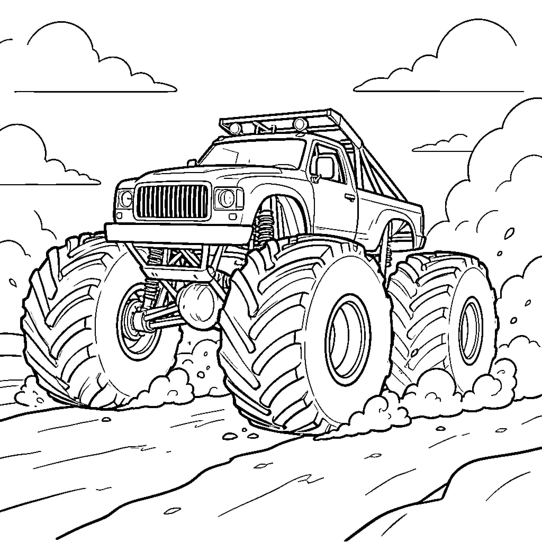 Monster Truck crushing through the field Coloring Page (free black-and-white line drawing printable PDF for all, from beginners to advanced learners, including children, teens, adults, and seniors)