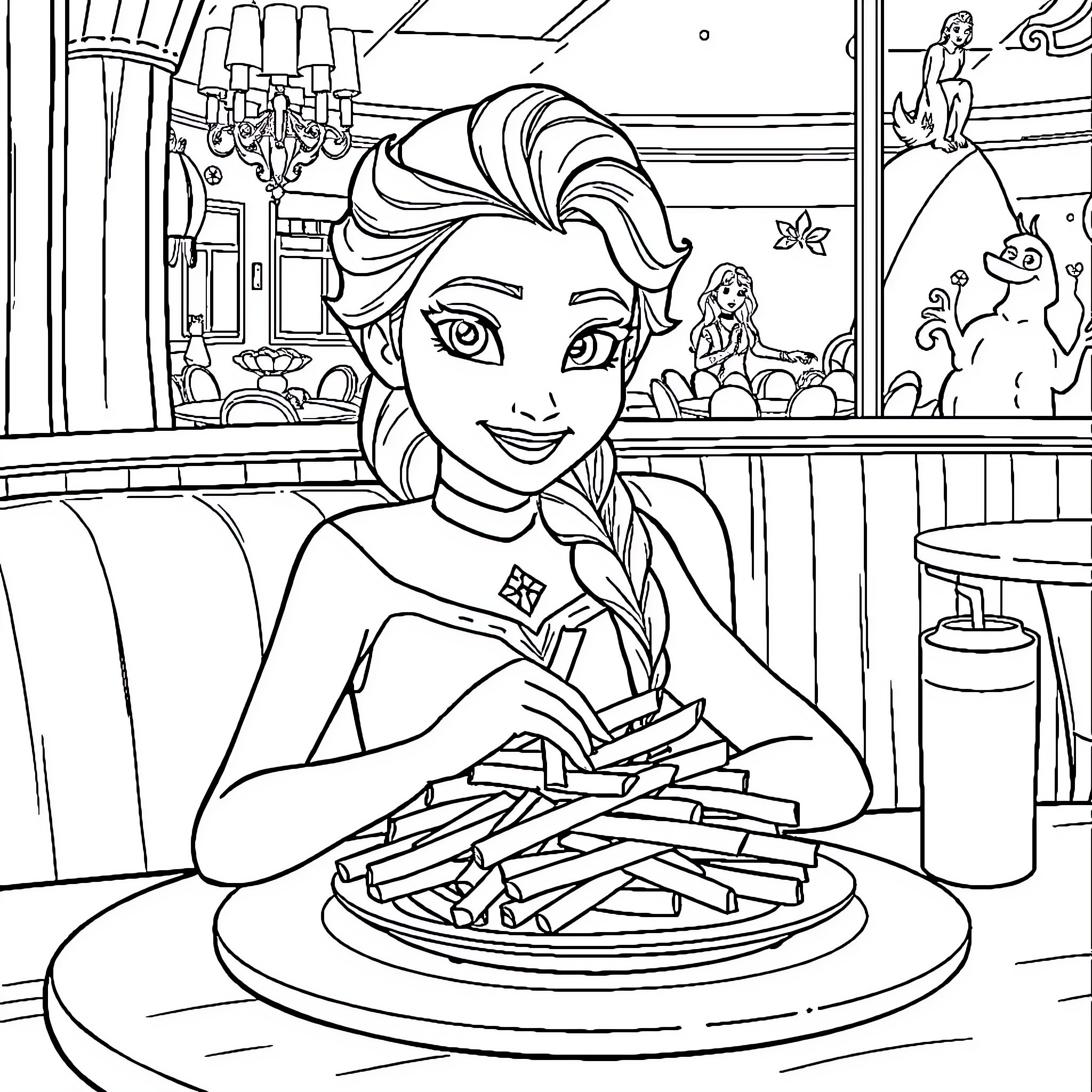 Elsa enjoying a cozy evening at home Coloring Page (free black-and-white line drawing printable PDF for all, from beginners to advanced learners, including children, teens, adults, and seniors)