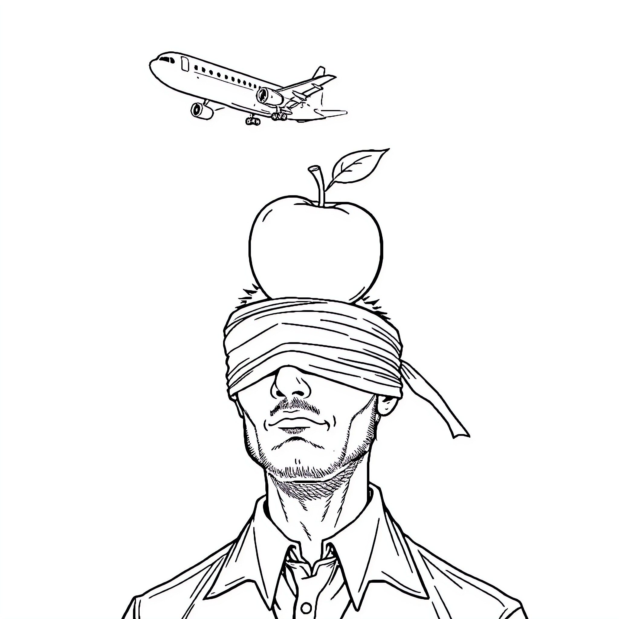 Apple Air Travel and Blindfolded Businessman Coloring Page (free black-and-white line drawing printable PDF for all, from beginners to advanced learners, including children, teens, adults, and seniors)