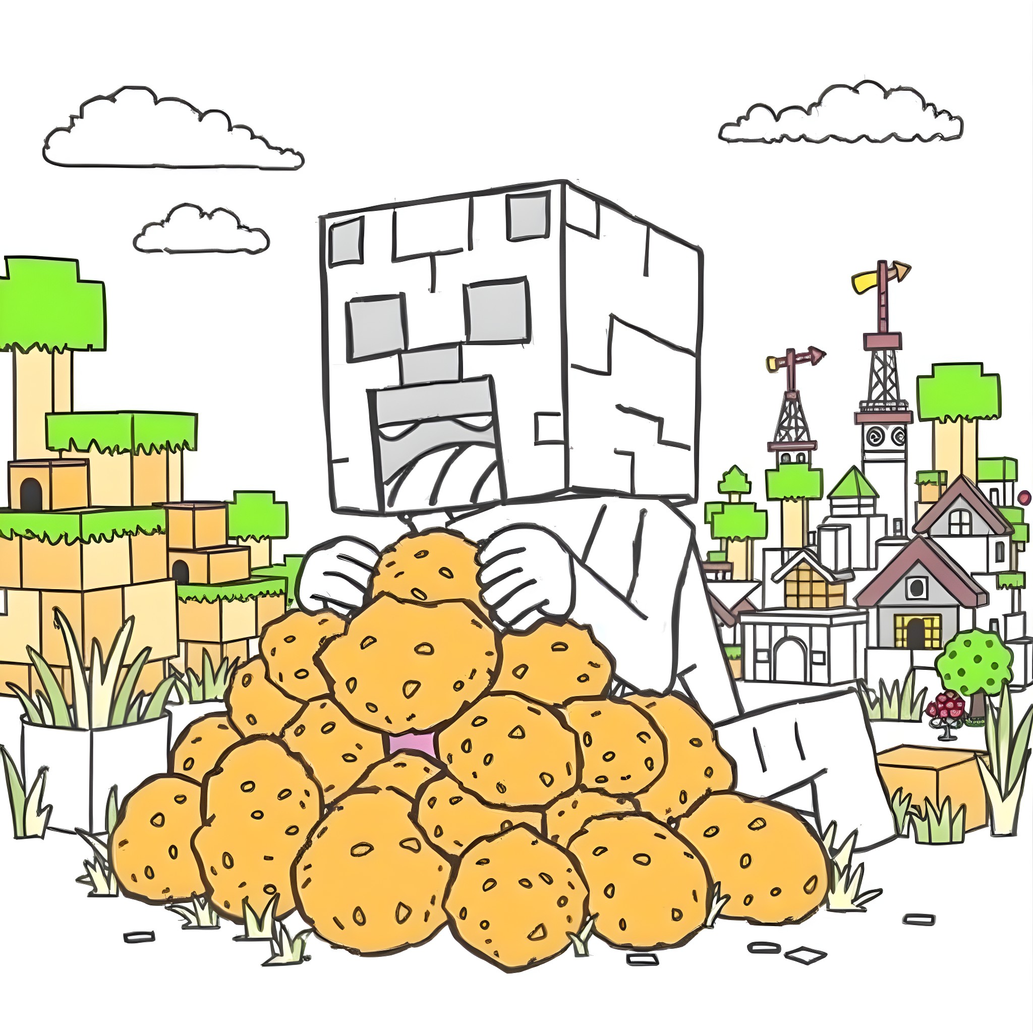 Chicken Nugget Pile in a Colorful Cartoon Landscape Coloring Page (free black-and-white line drawing printable PDF for all, from beginners to advanced learners, including children, teens, adults, and seniors)