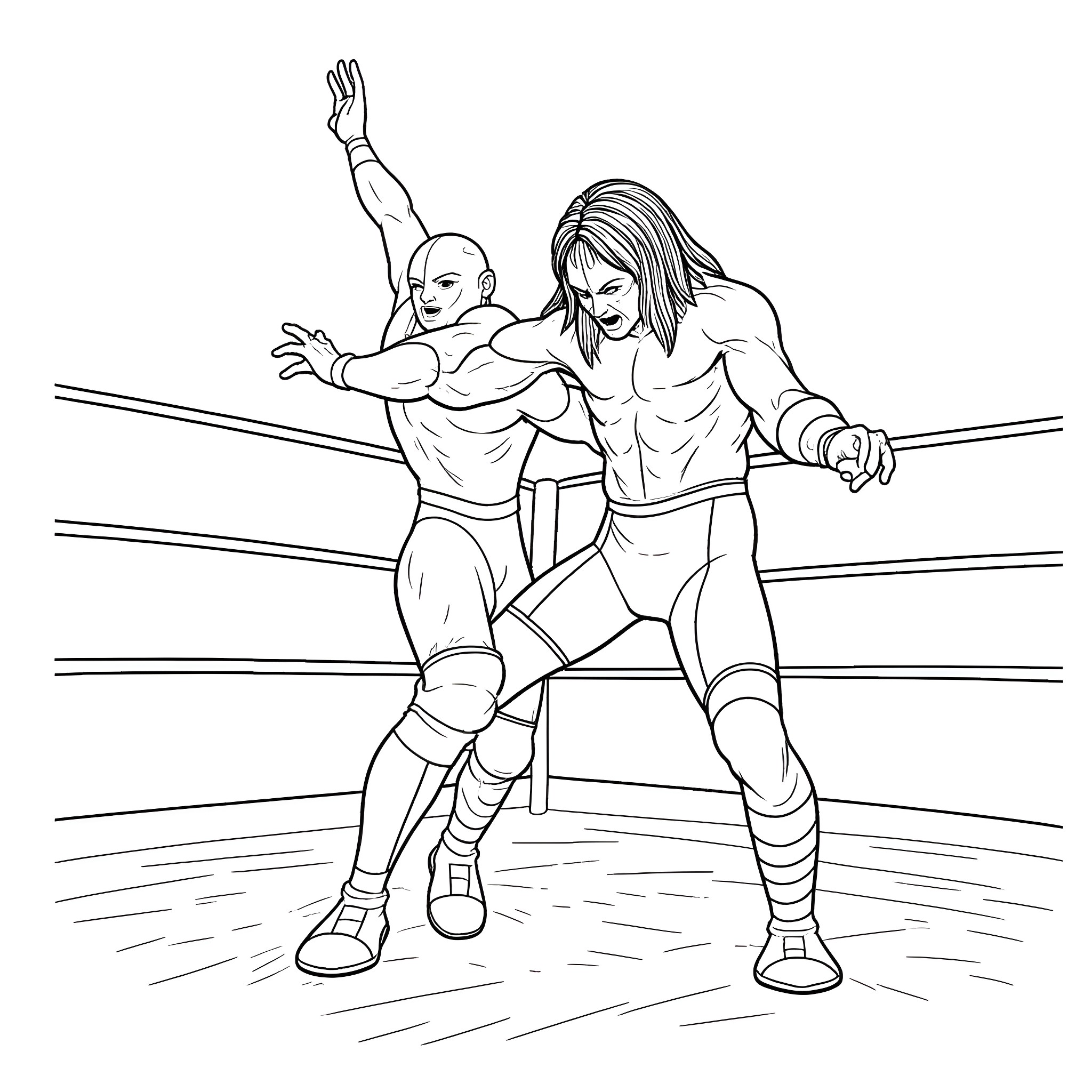Wrestler's intense grappling match in the ring Coloring Page (free black-and-white line drawing printable PDF for all, from beginners to advanced learners, including children, teens, adults, and seniors)