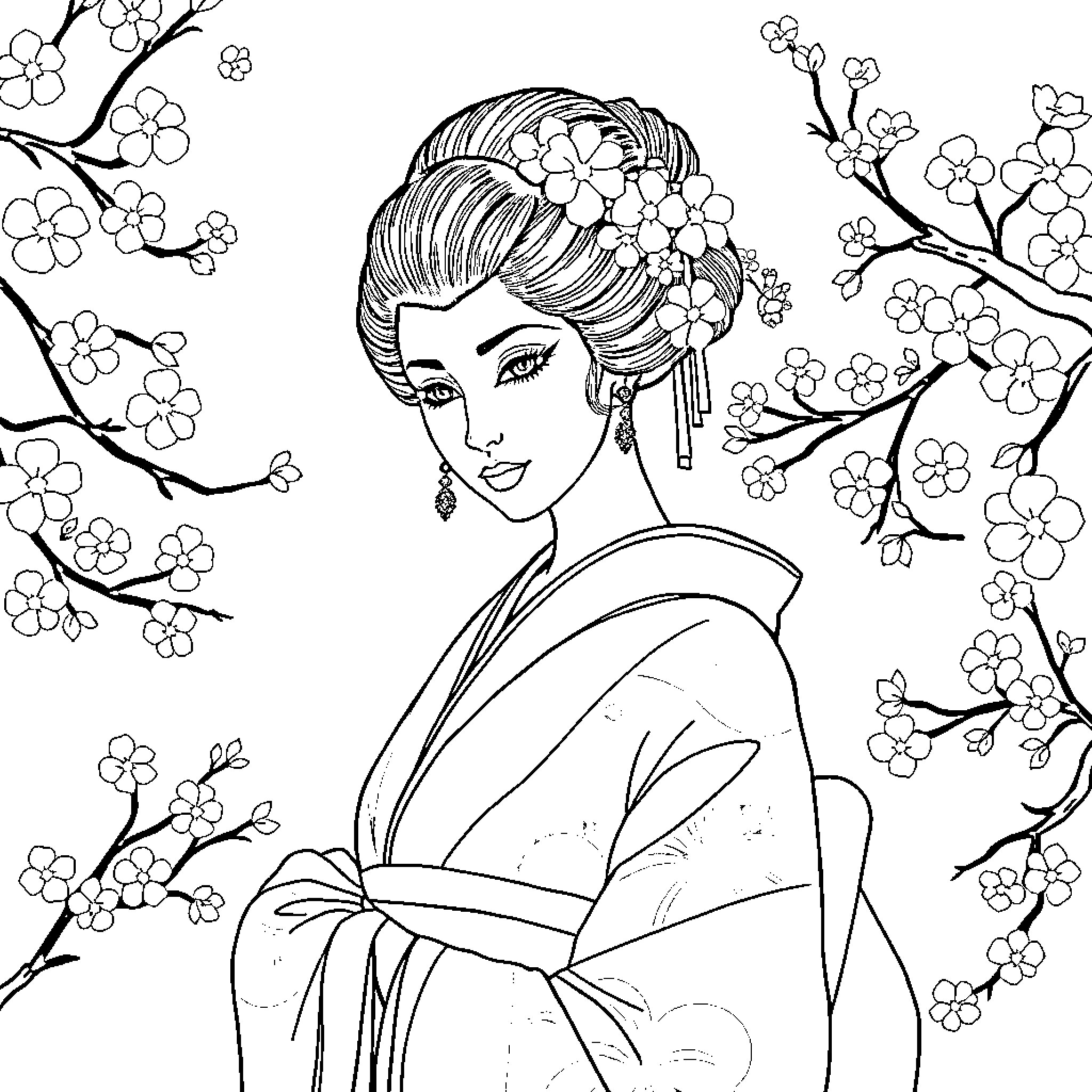Geisha surrounded by blooming cherry blossoms Coloring Page (free black-and-white line drawing printable PDF for all, from beginners to advanced learners, including children, teens, adults, and seniors)