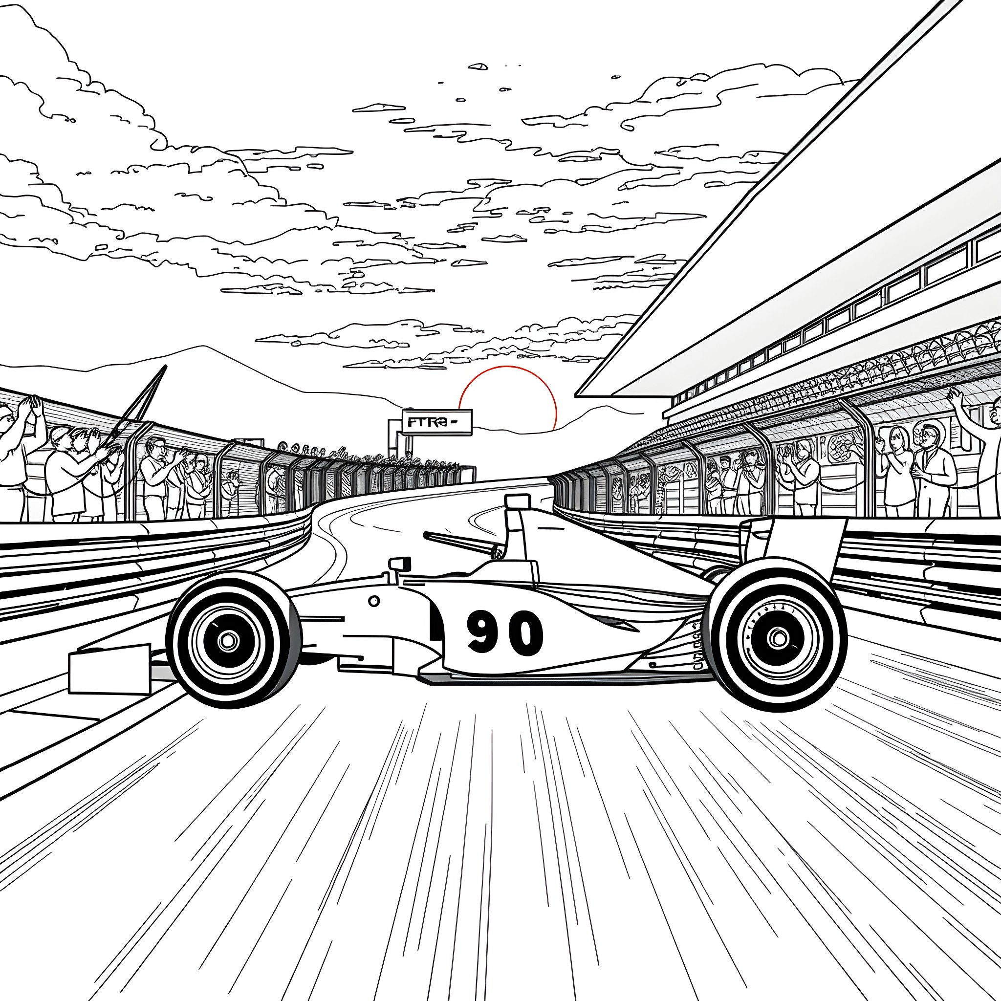 Ferrari Formula 1 racing through a bustling city circuit Coloring Page (free black-and-white line drawing printable PDF for all, from beginners to advanced learners, including children, teens, adults, and seniors)