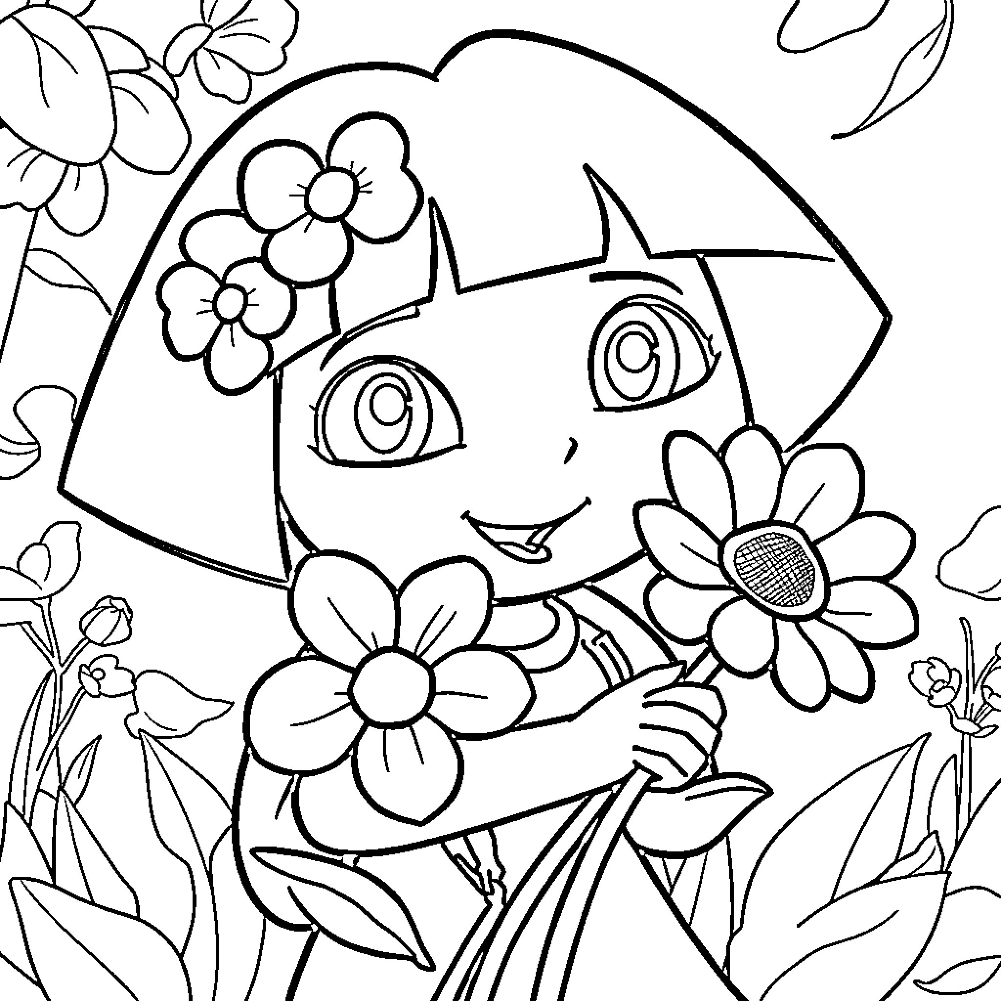 Dora enjoys flowers in the garden Coloring Page (free black-and-white line drawing printable PDF for all, from beginners to advanced learners, including children, teens, adults, and seniors)