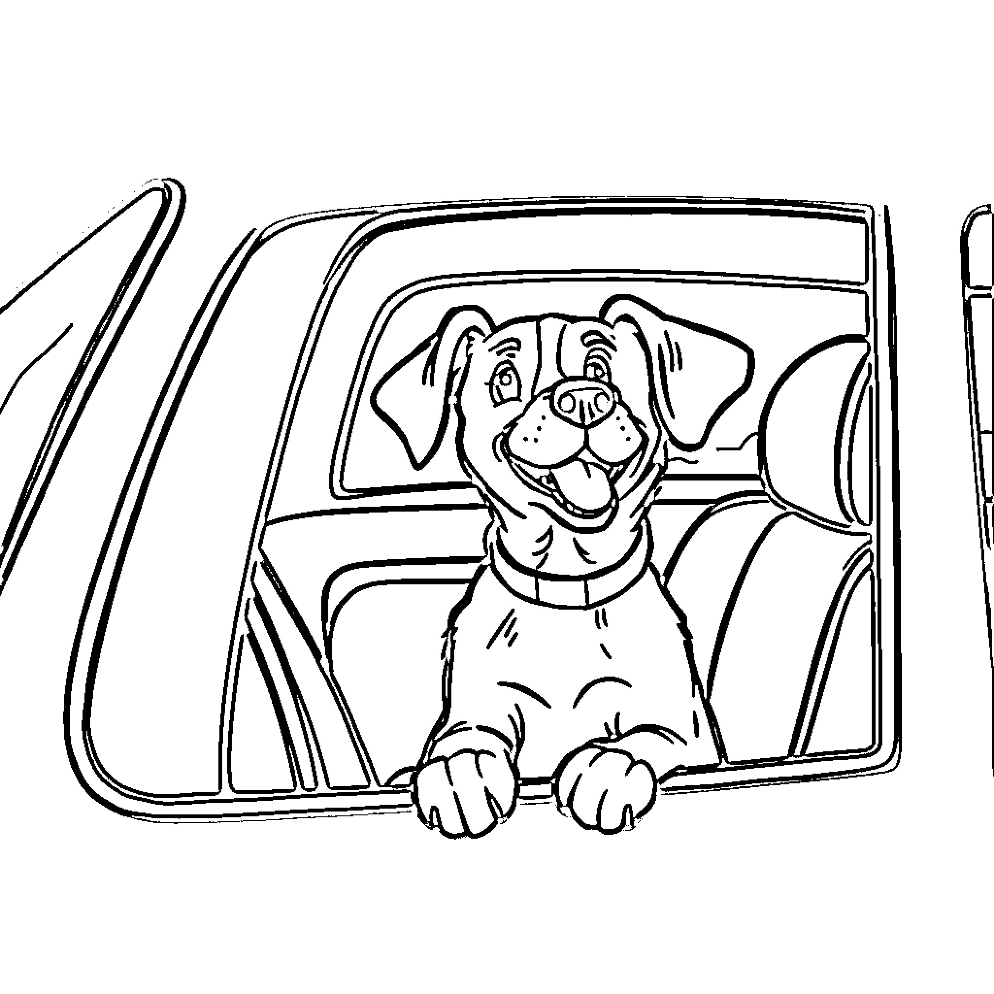 Dog peeking out of car window happily Coloring Page (free black-and-white line drawing printable PDF for all, from beginners to advanced learners, including children, teens, adults, and seniors)