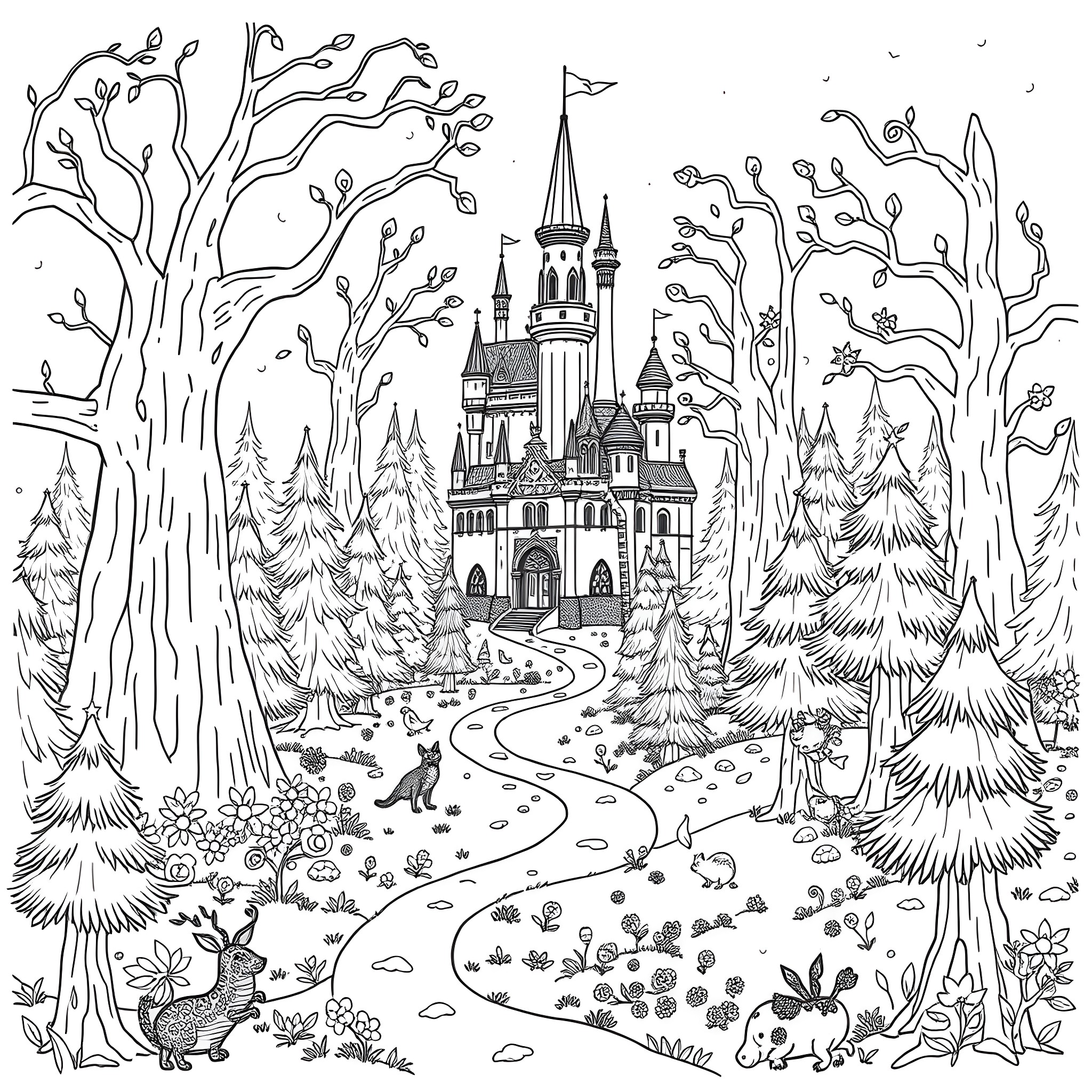 Castle in the enchanted forest with animals Coloring Page (free black-and-white line drawing printable PDF for all, from beginners to advanced learners, including children, teens, adults, and seniors)
