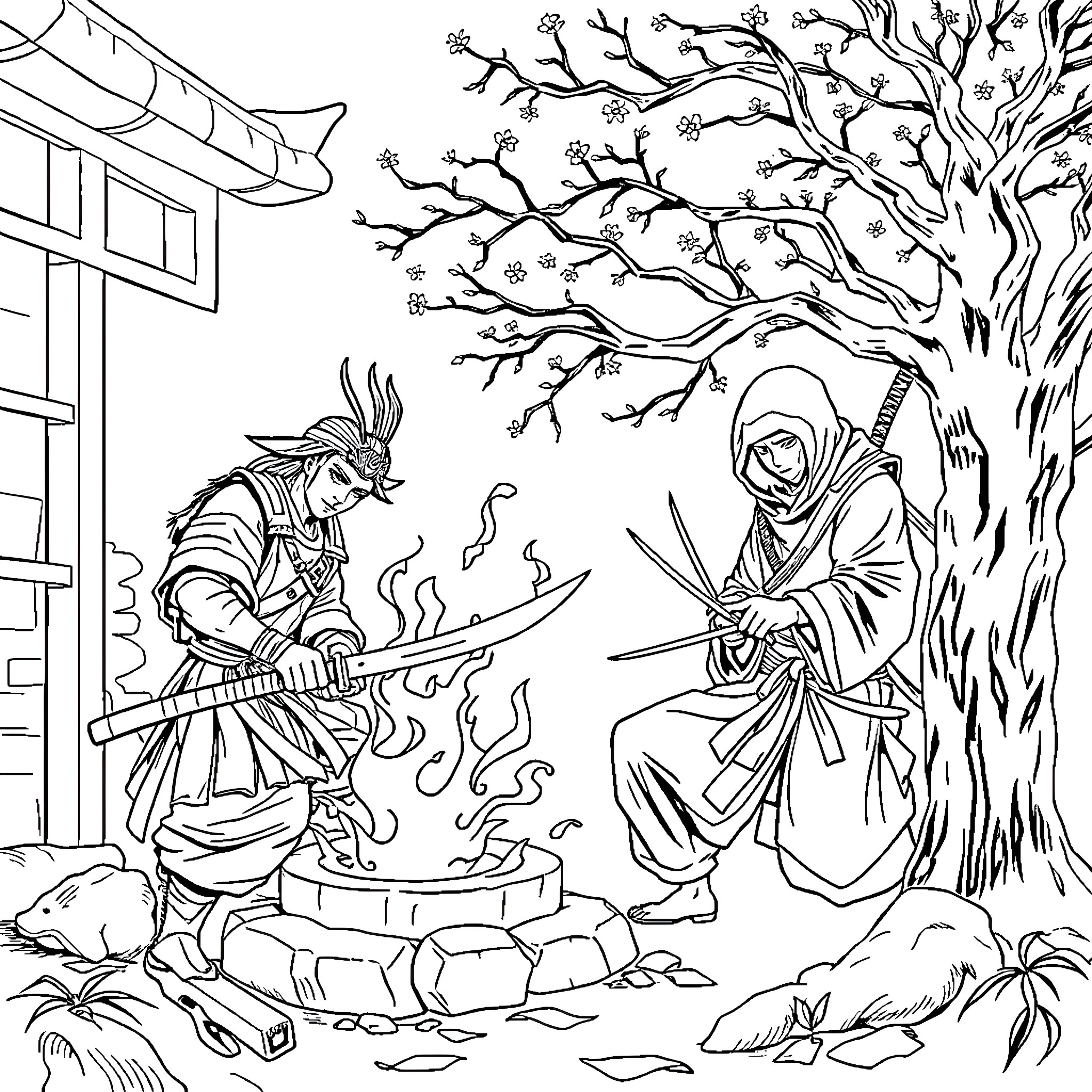 Samurai Confrontation in a Wintry Landscape Coloring Page (free black-and-white line drawing printable PDF for all, from beginners to advanced learners, including children, teens, adults, and seniors)