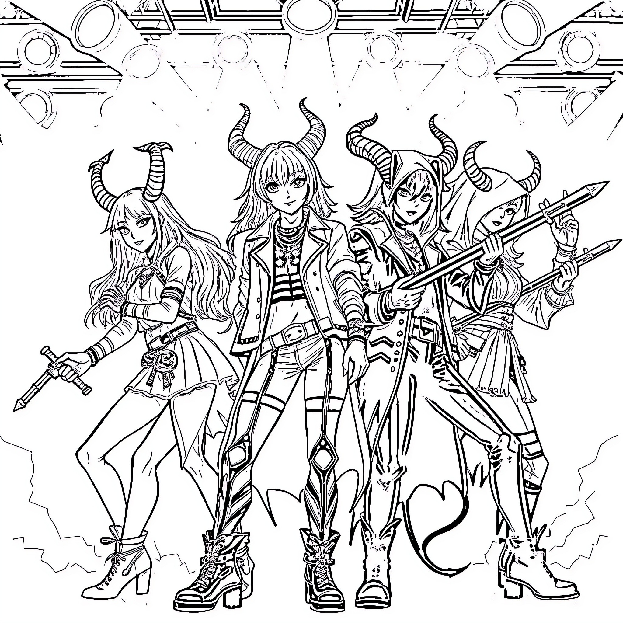Demon Hunter Anime-Inspired Group of Heroic Warriors Coloring Page (free black-and-white line drawing printable PDF for all, from beginners to advanced learners, including children, teens, adults, and seniors)