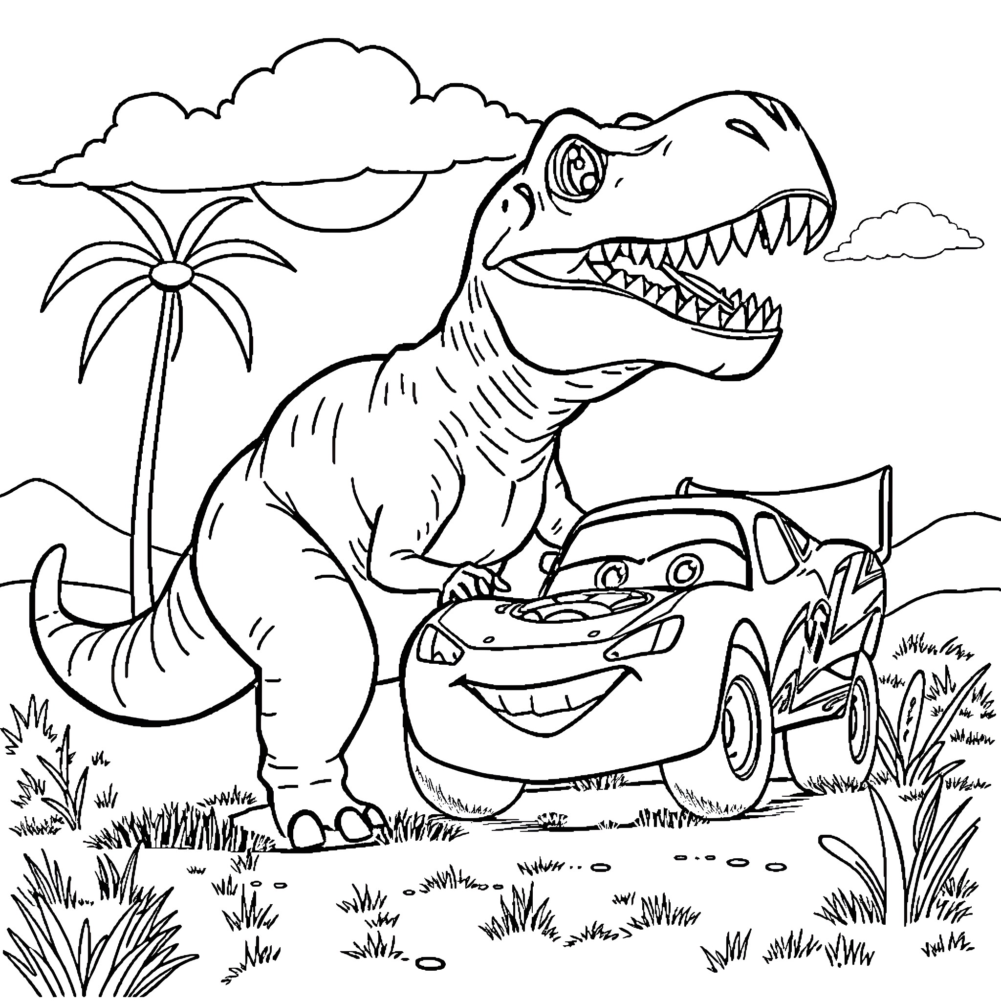 T-Rex chasing a car in a tropical scene Coloring Page (free black-and-white line drawing printable PDF for all, from beginners to advanced learners, including children, teens, adults, and seniors)