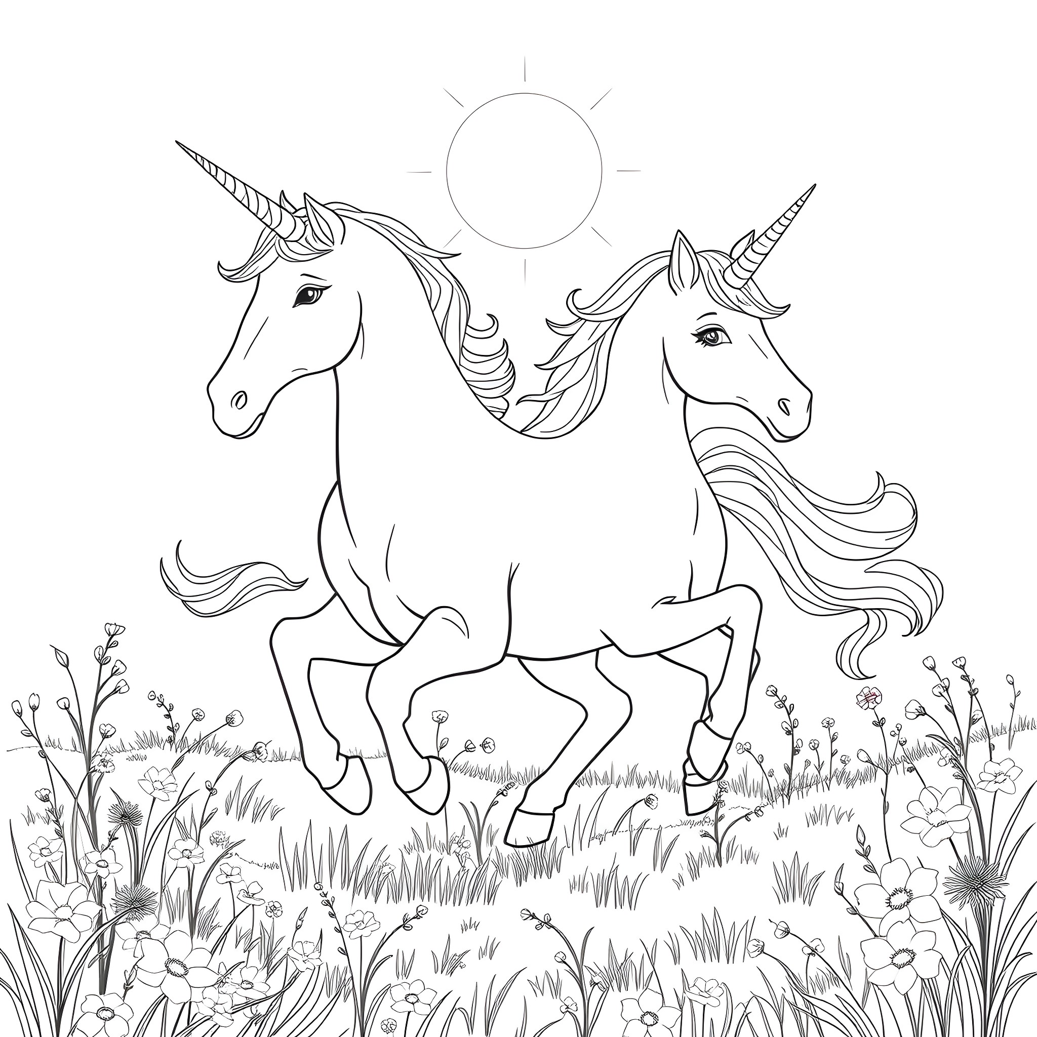Unicorn friends galloping through the meadow Coloring Page (free black-and-white line drawing printable PDF for all, from beginners to advanced learners, including children, teens, adults, and seniors)