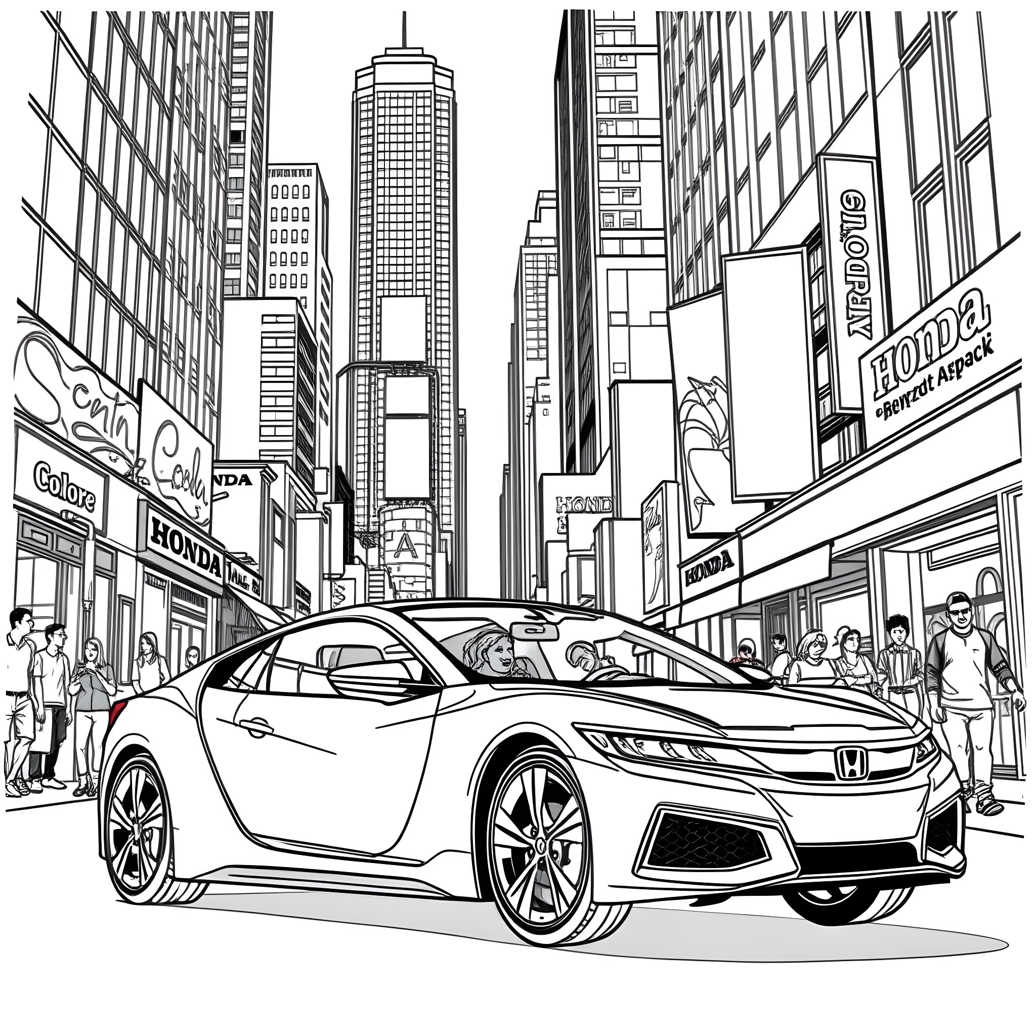 Honda sports car in the city Coloring Page (free black-and-white line drawing printable PDF for all, from beginners to advanced learners, including children, teens, adults, and seniors)