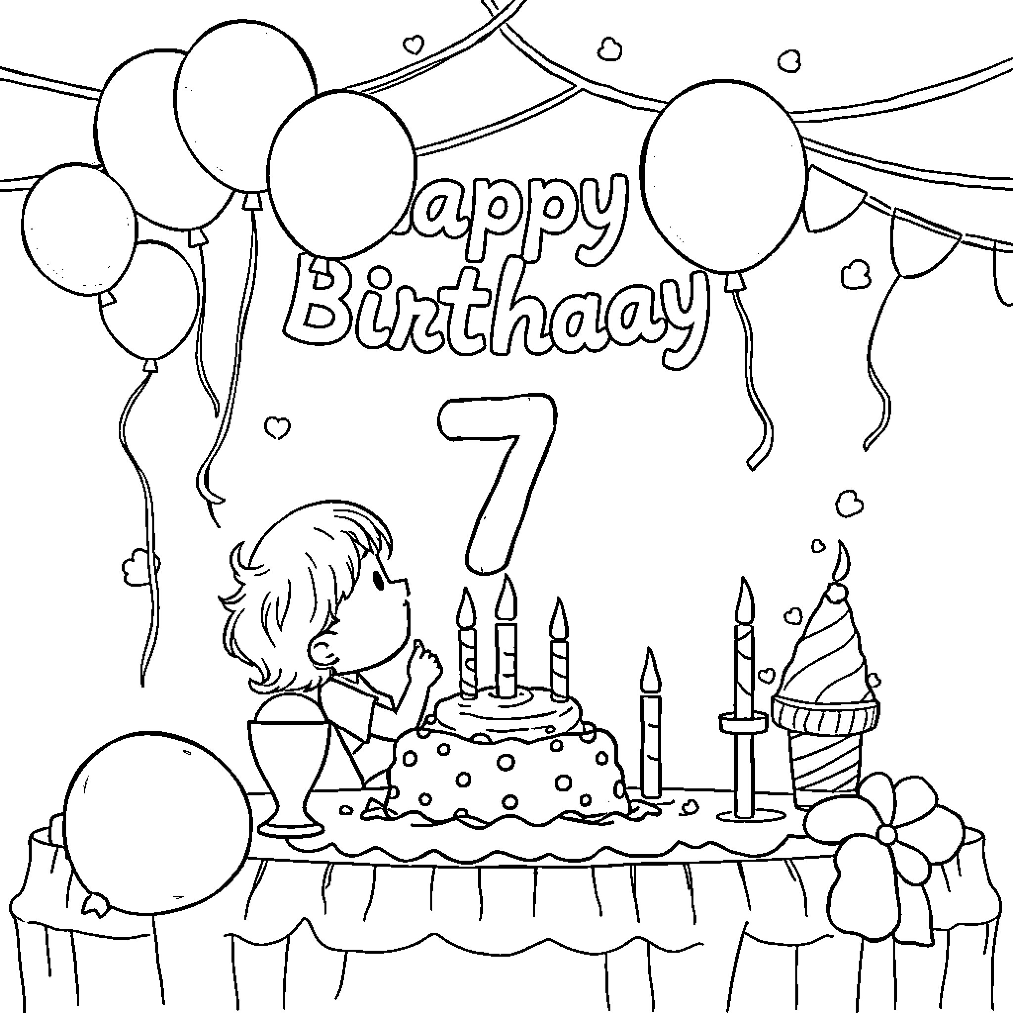 Birthday celebration with cake and balloons Coloring Page (free black-and-white line drawing printable PDF for all, from beginners to advanced learners, including children, teens, adults, and seniors)