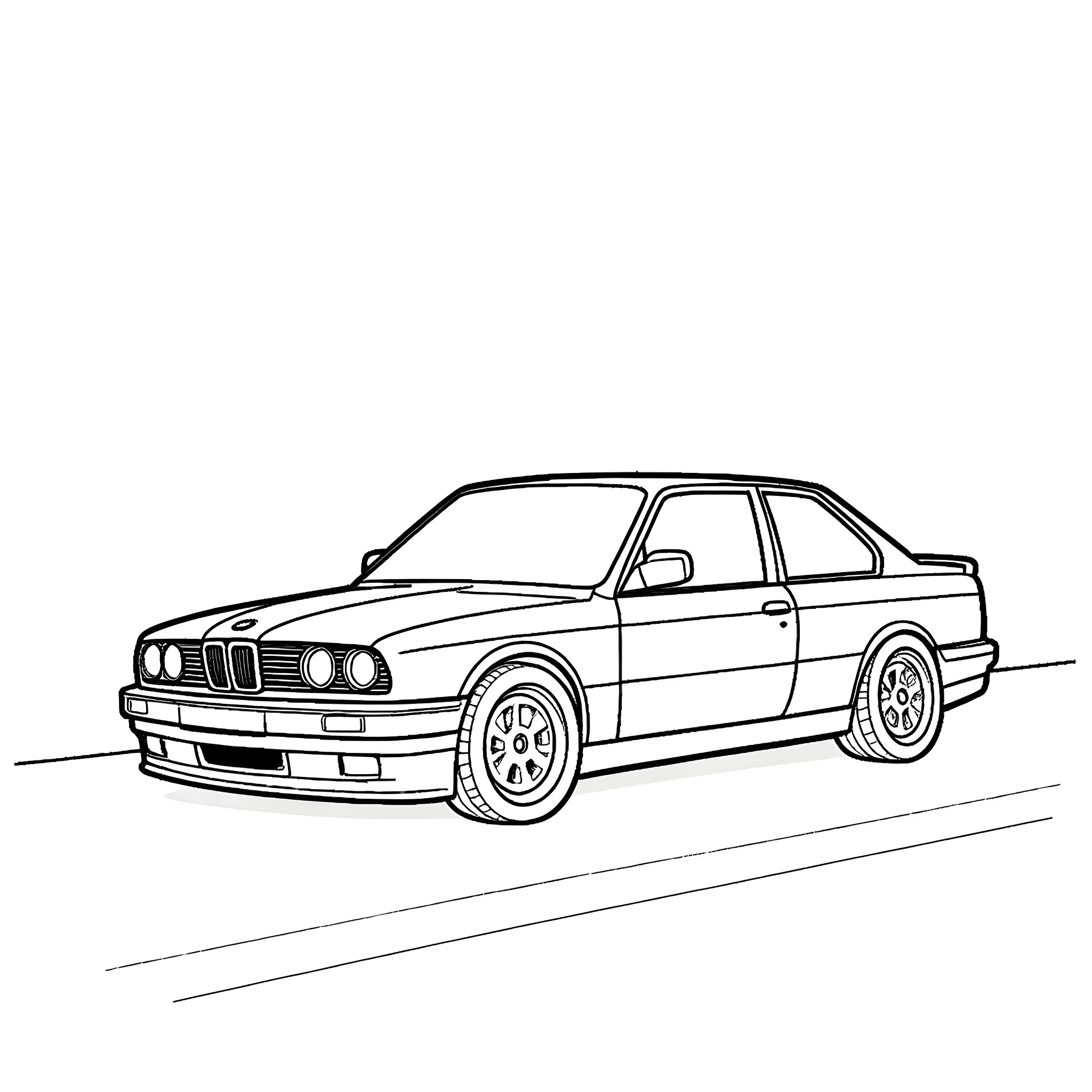 BMW parked on the road Coloring Page (free black-and-white line drawing printable PDF for all, from beginners to advanced learners, including children, teens, adults, and seniors)