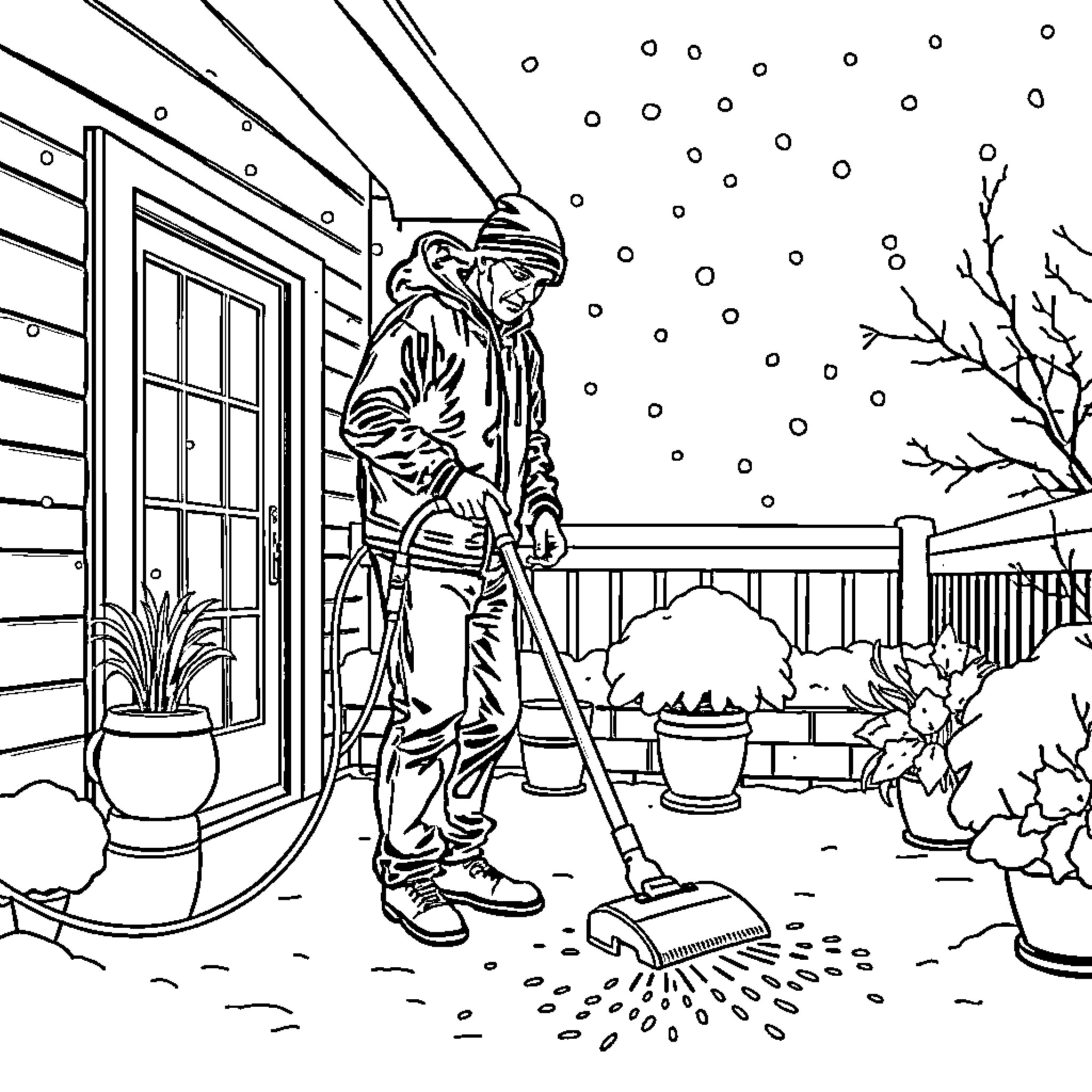 Man sweeping snow from porch in winter Coloring Page (free black-and-white line drawing printable PDF for all, from beginners to advanced learners, including children, teens, adults, and seniors)