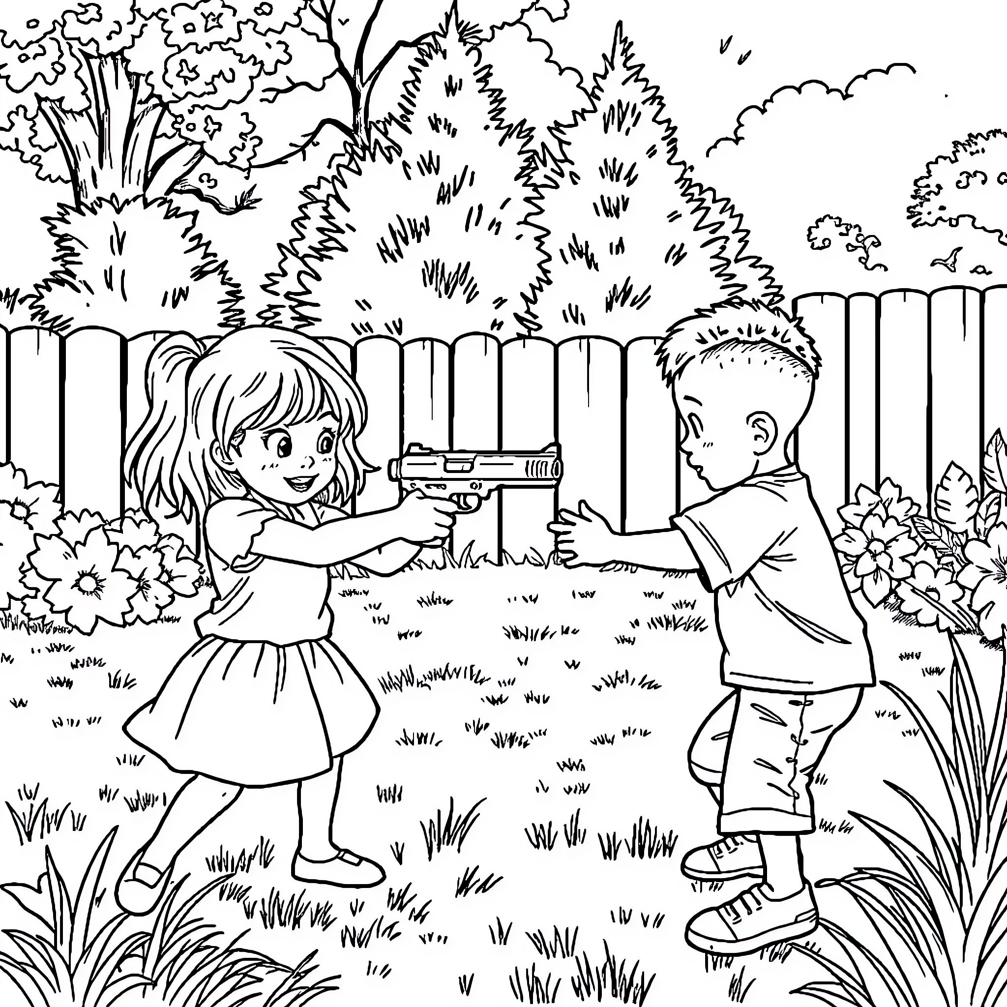 Chick's Playful Adventure in the Garden Coloring Page (free black-and-white line drawing printable PDF for all, from beginners to advanced learners, including children, teens, adults, and seniors)