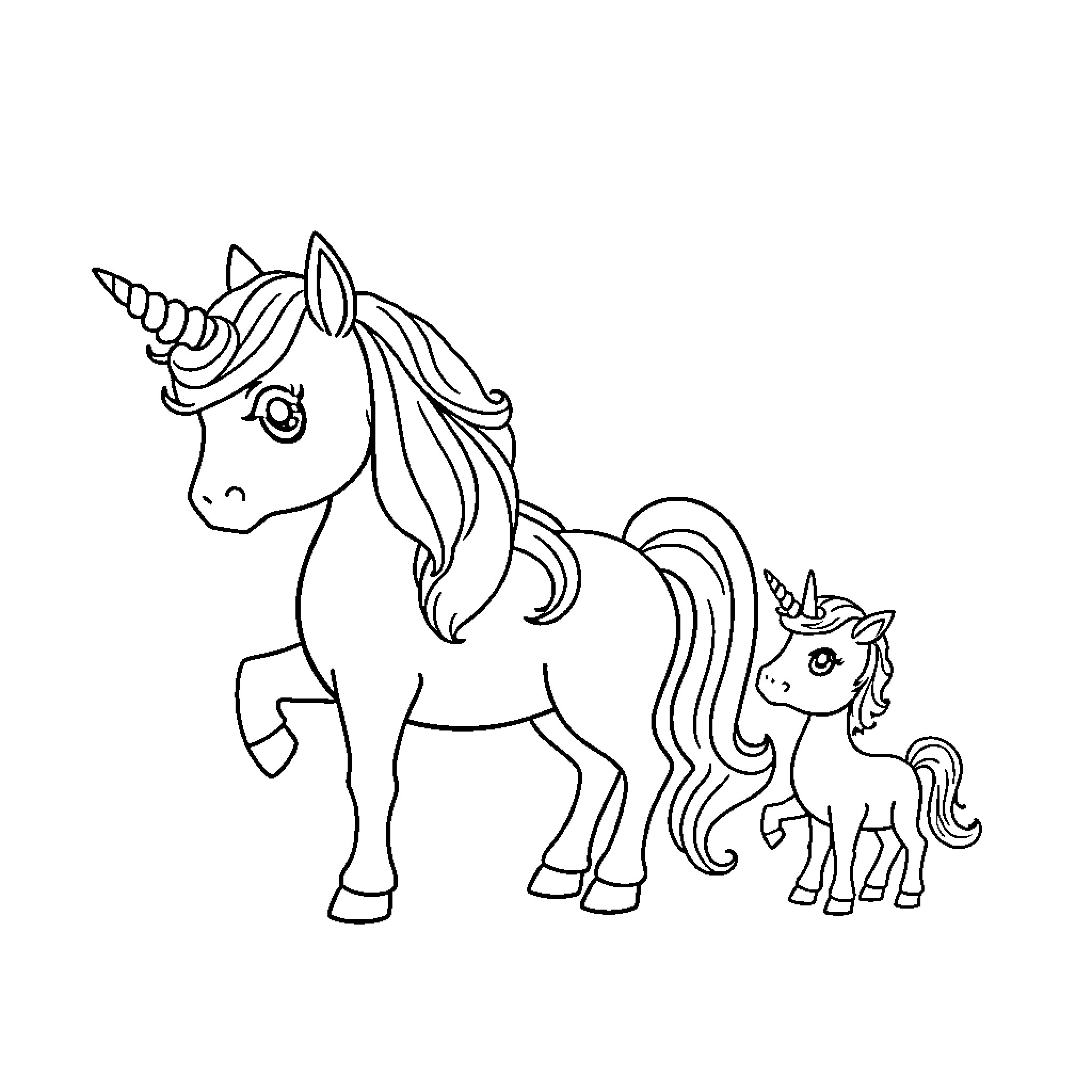 Unicorn and its baby enjoying the day Coloring Page (free black-and-white line drawing printable PDF for all, from beginners to advanced learners, including children, teens, adults, and seniors)