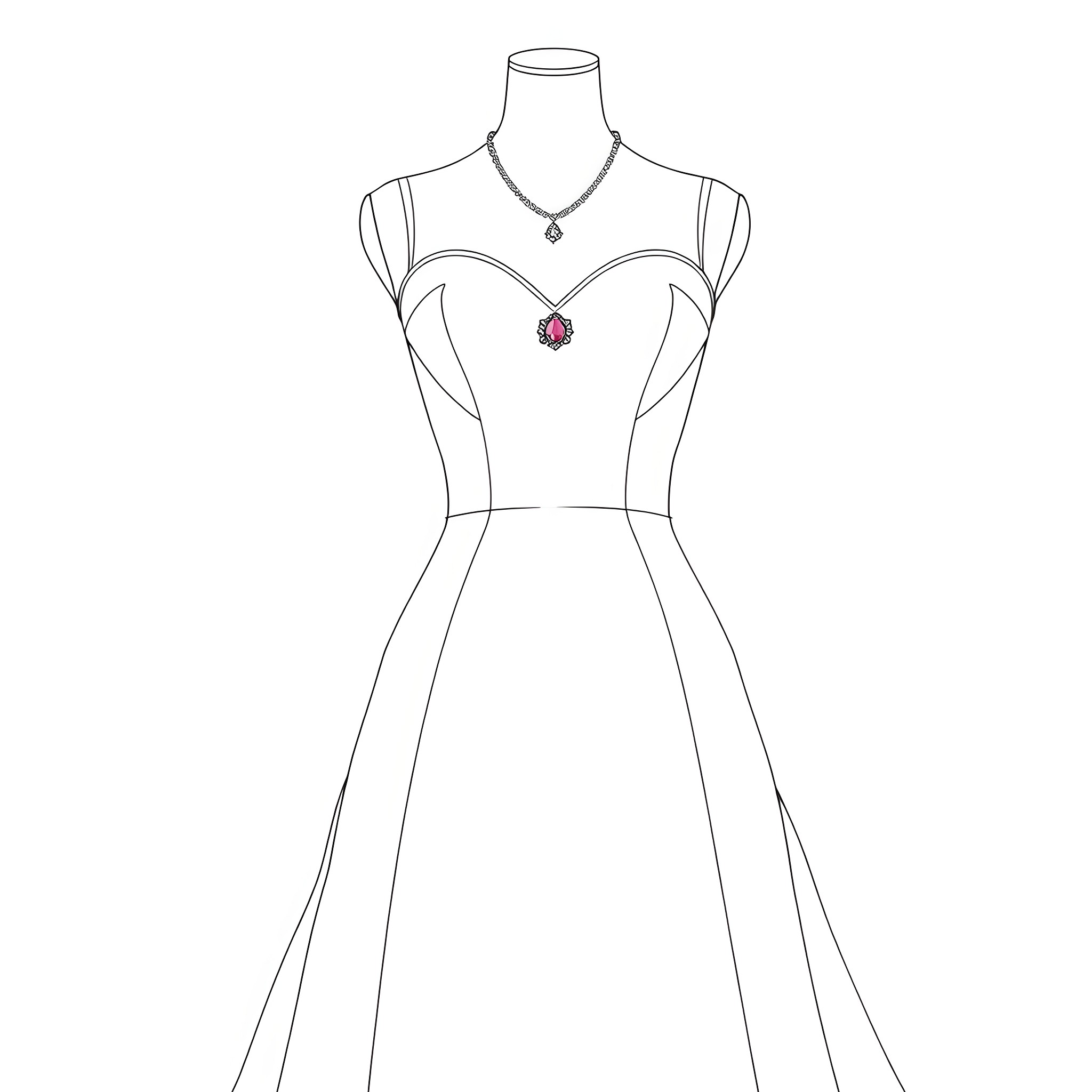 Wedding Dress with Heart-Shaped Bodice and Necklace Coloring Page (free black-and-white line drawing printable PDF for all, from beginners to advanced learners, including children, teens, adults, and seniors)