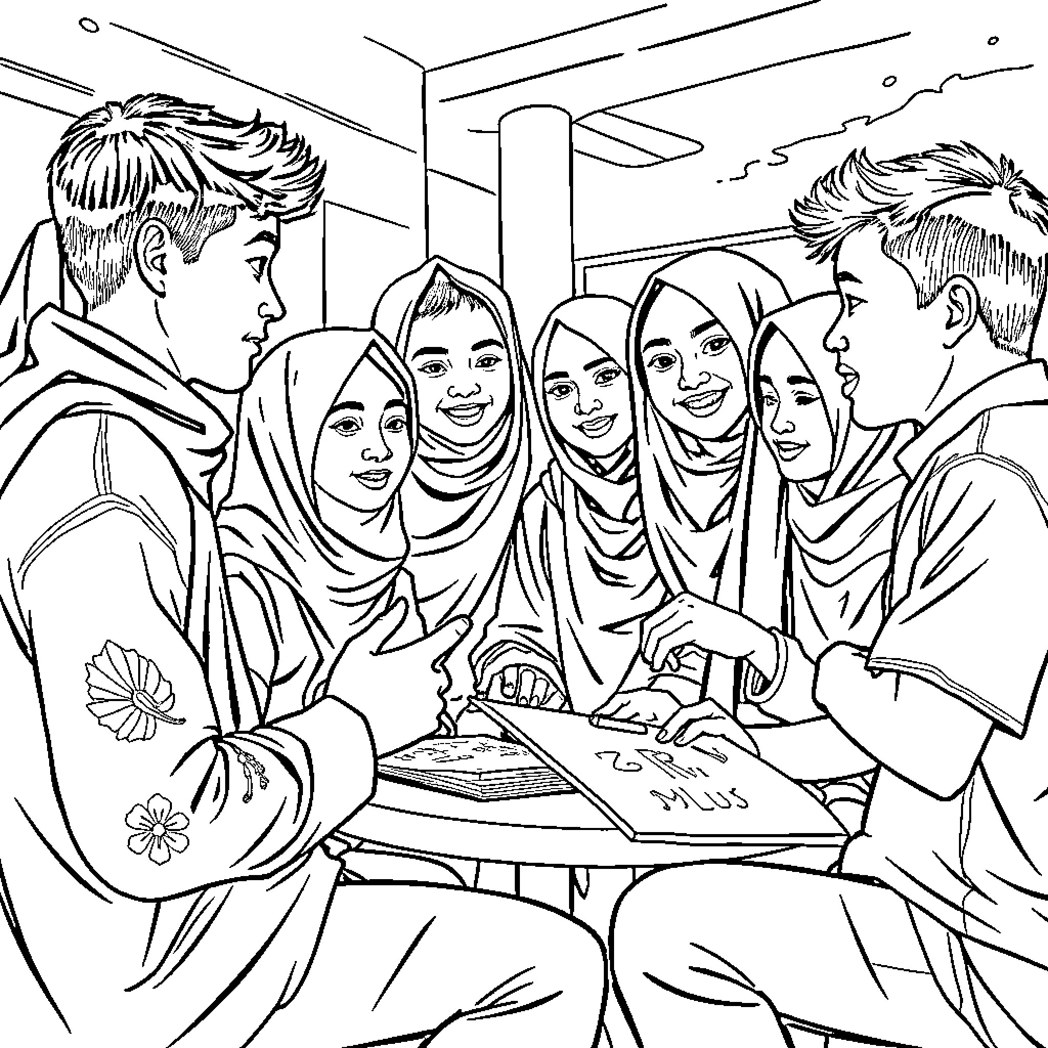 Youth Studying Together in the Classroom Coloring Page (free black-and-white line drawing printable PDF for all, from beginners to advanced learners, including children, teens, adults, and seniors)
