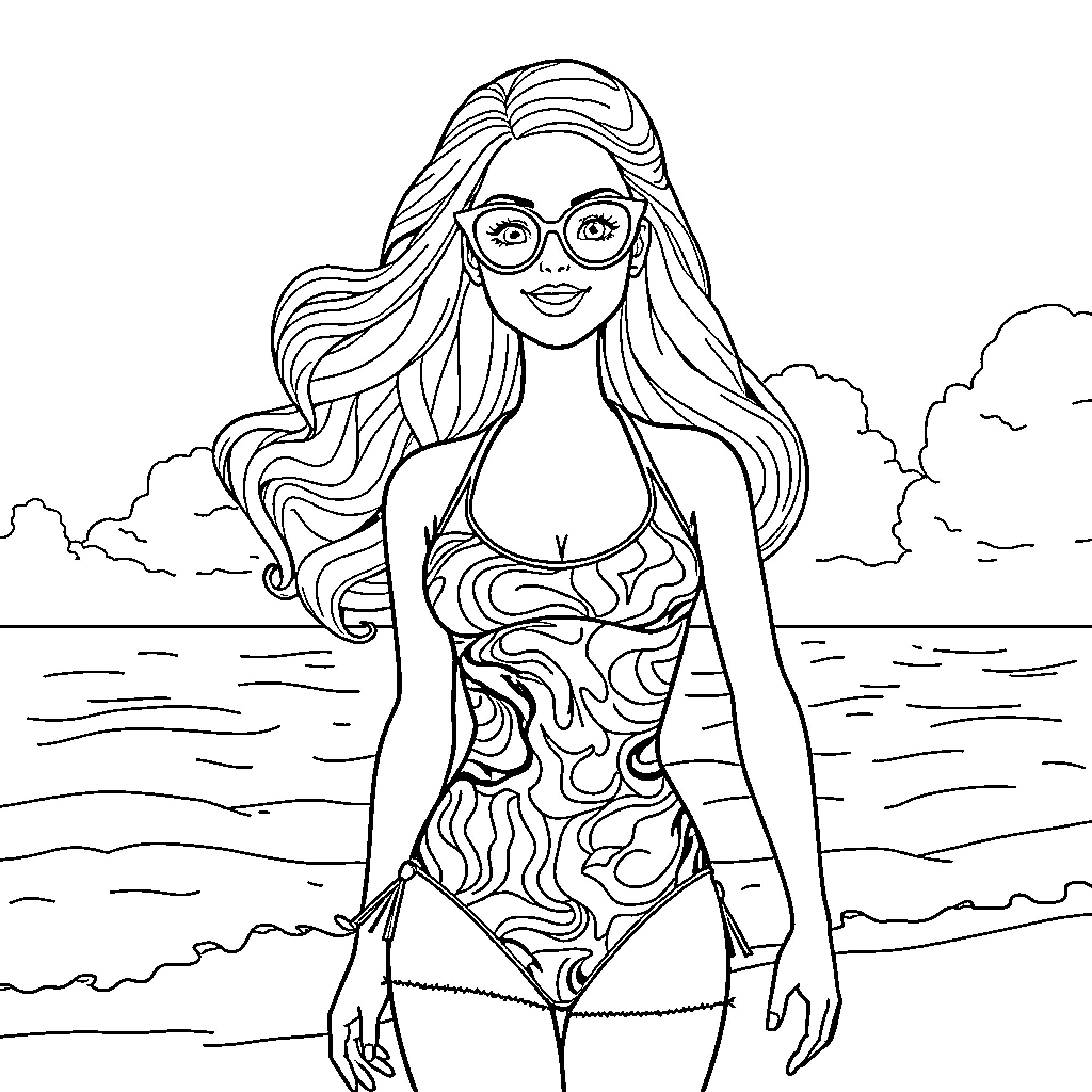 Barbie relaxing at the beach in stylish swimwear Coloring Page (free black-and-white line drawing printable PDF for all, from beginners to advanced learners, including children, teens, adults, and seniors)