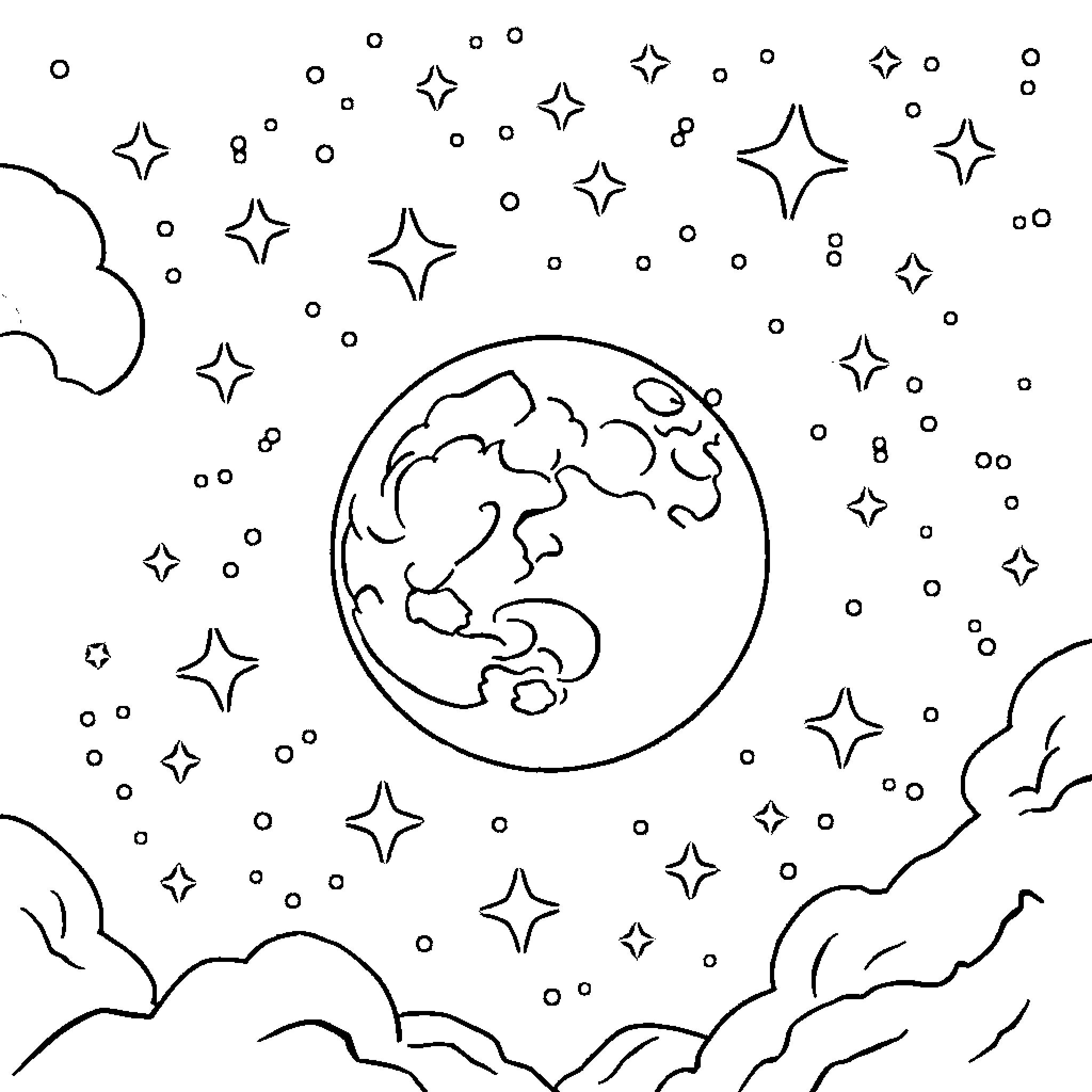 Moon and Stars in Starry Night Sky Coloring Page (free black-and-white line drawing printable PDF for all, from beginners to advanced learners, including children, teens, adults, and seniors)