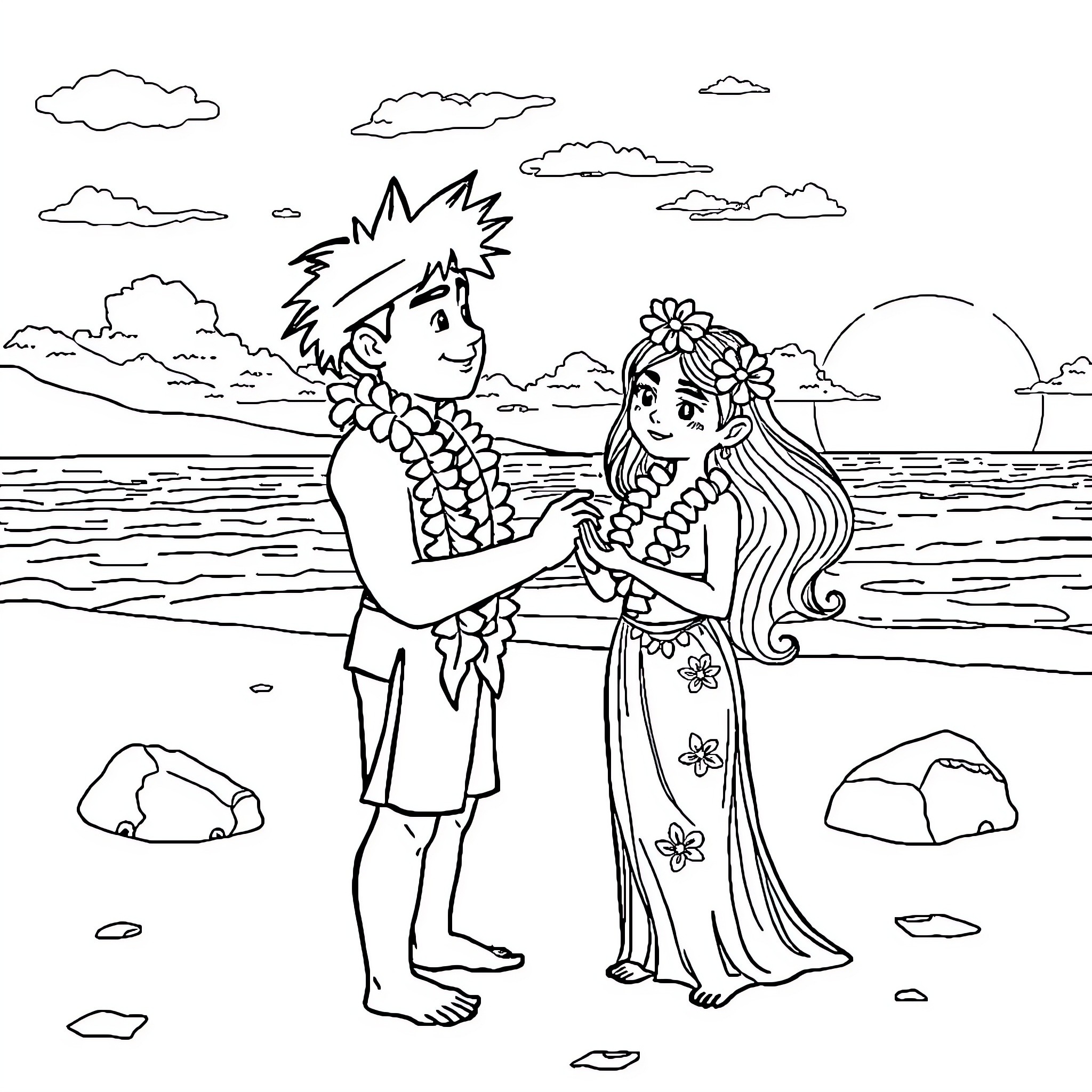 Usui couple enjoying a romantic seaside stroll Coloring Page (free black-and-white line drawing printable PDF for all, from beginners to advanced learners, including children, teens, adults, and seniors)