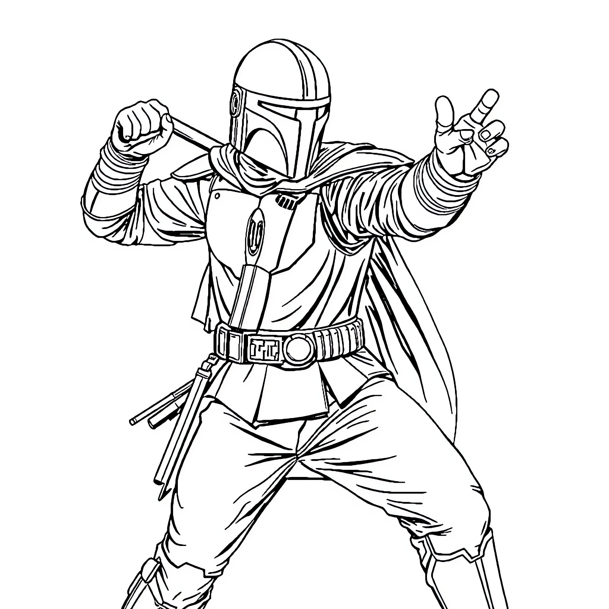 Mandalorian Warrior in Action Pose Coloring Page (free black-and-white line drawing printable PDF for all, from beginners to advanced learners, including children, teens, adults, and seniors)