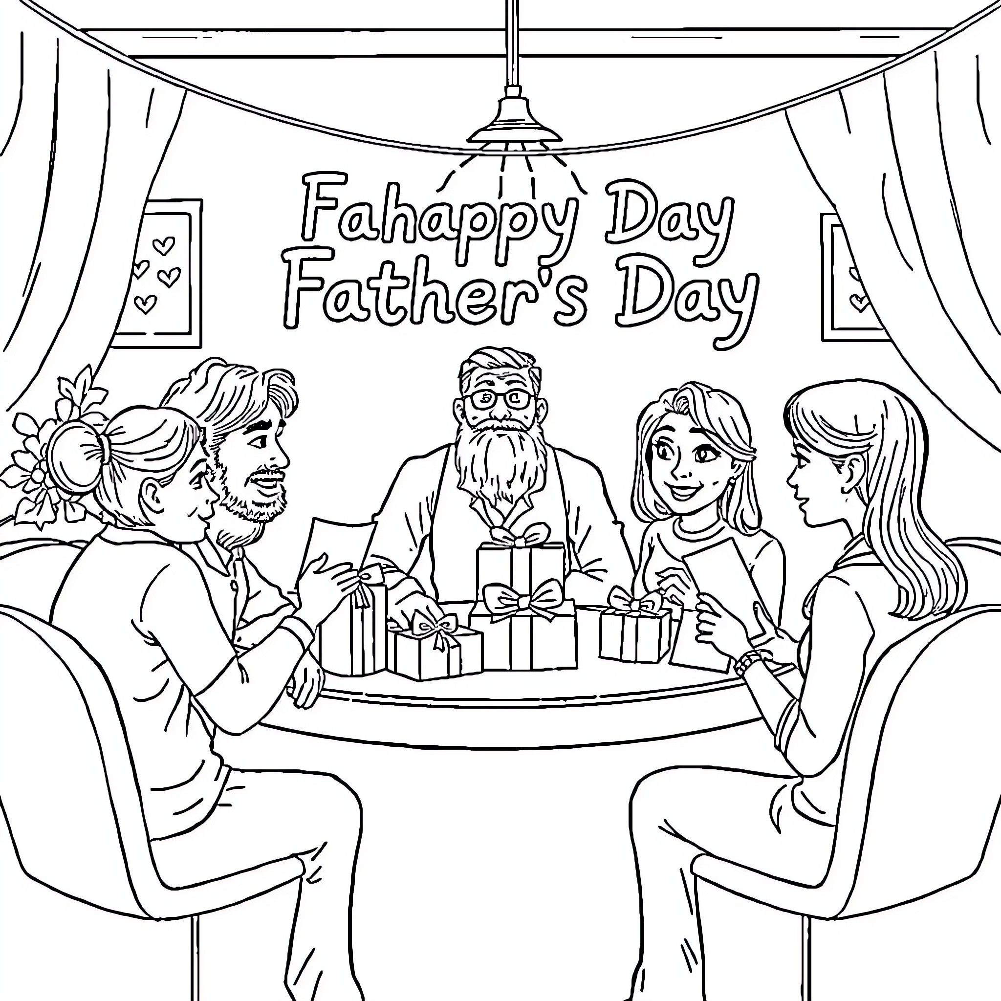 Father's Happy Day with Family Celebration Coloring Page (free black-and-white line drawing printable PDF for all, from beginners to advanced learners, including children, teens, adults, and seniors)