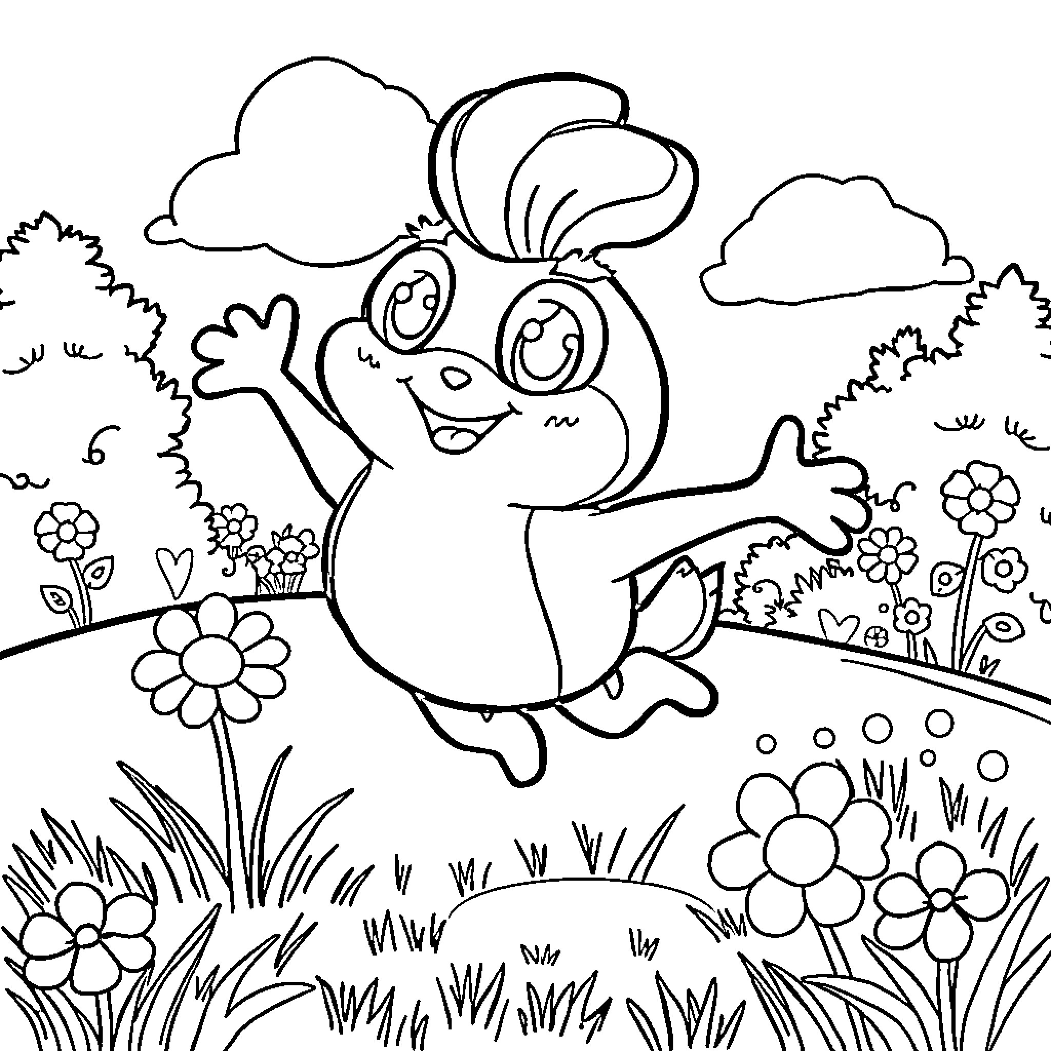 Sprunki joyfully frolicking through a whimsical garden Coloring Page (free black-and-white line drawing printable PDF for all, from beginners to advanced learners, including children, teens, adults, and seniors)