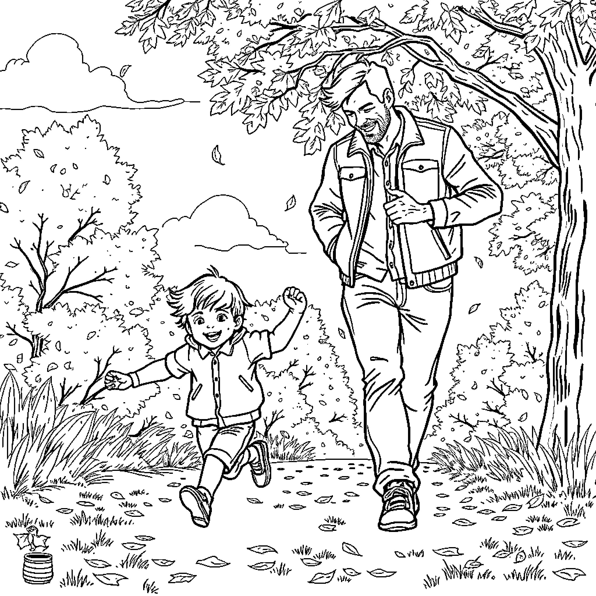 Kid chasing after parent in autumn forest Coloring Page (free black-and-white line drawing printable PDF for all, from beginners to advanced learners, including children, teens, adults, and seniors)