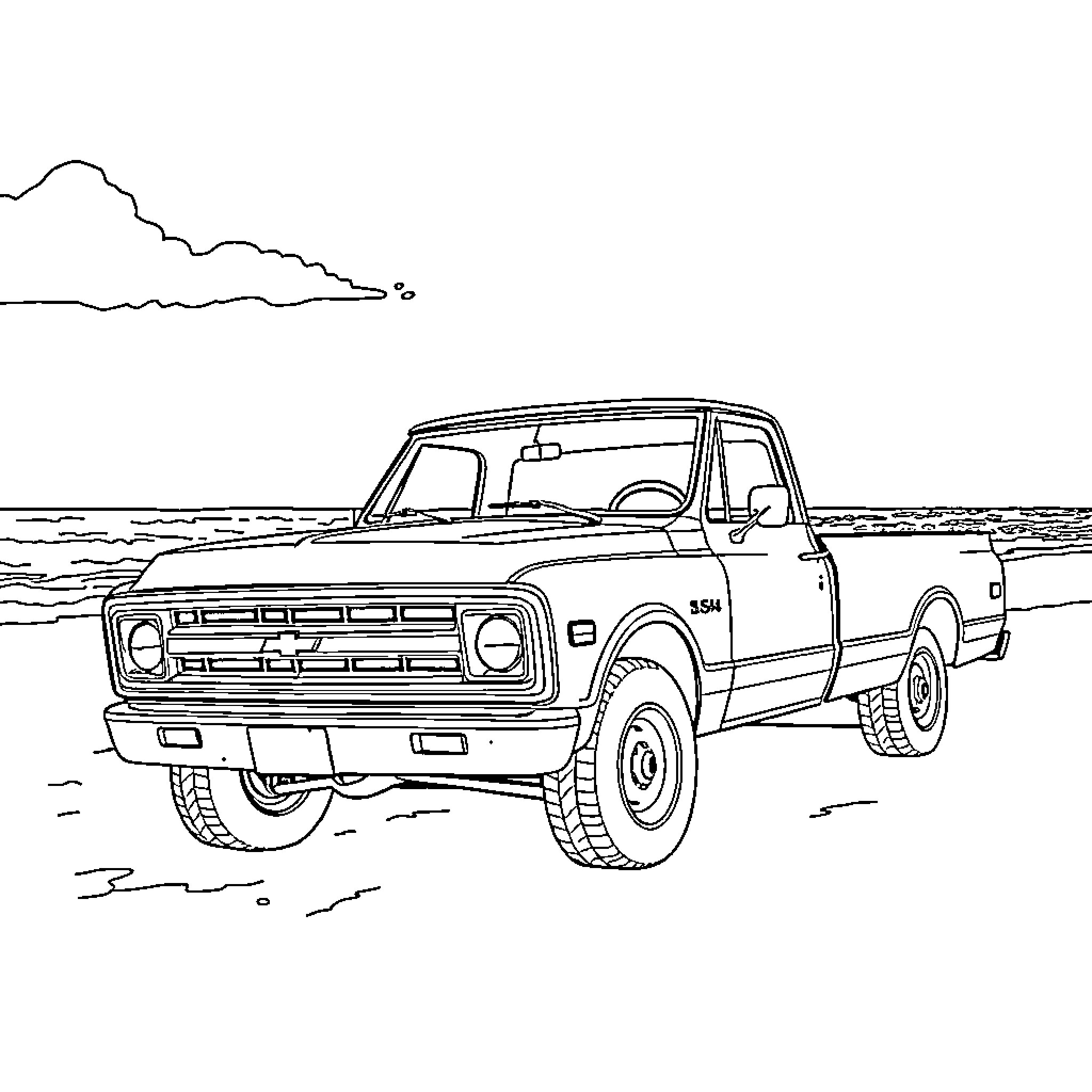 Chevy Truck parked near the ocean Coloring Page (free black-and-white line drawing printable PDF for all, from beginners to advanced learners, including children, teens, adults, and seniors)