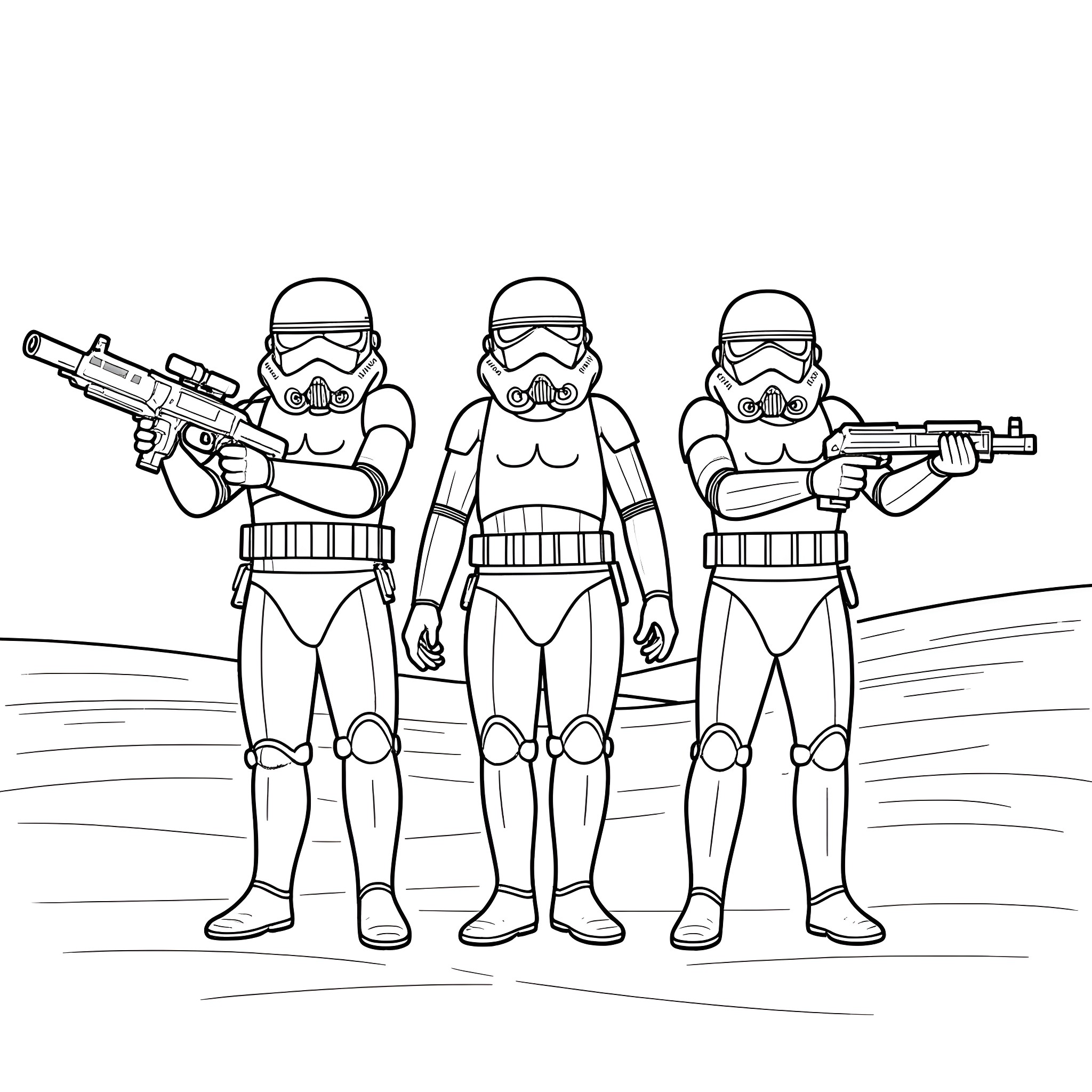 Stormtroopers on patrol in the desert Coloring Page (free black-and-white line drawing printable PDF for all, from beginners to advanced learners, including children, teens, adults, and seniors)