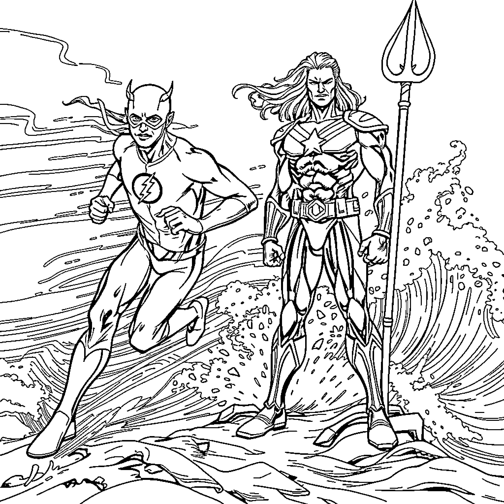 Flash Speed and Trident Hero Confront Coloring Page (free black-and-white line drawing printable PDF for all, from beginners to advanced learners, including children, teens, adults, and seniors)