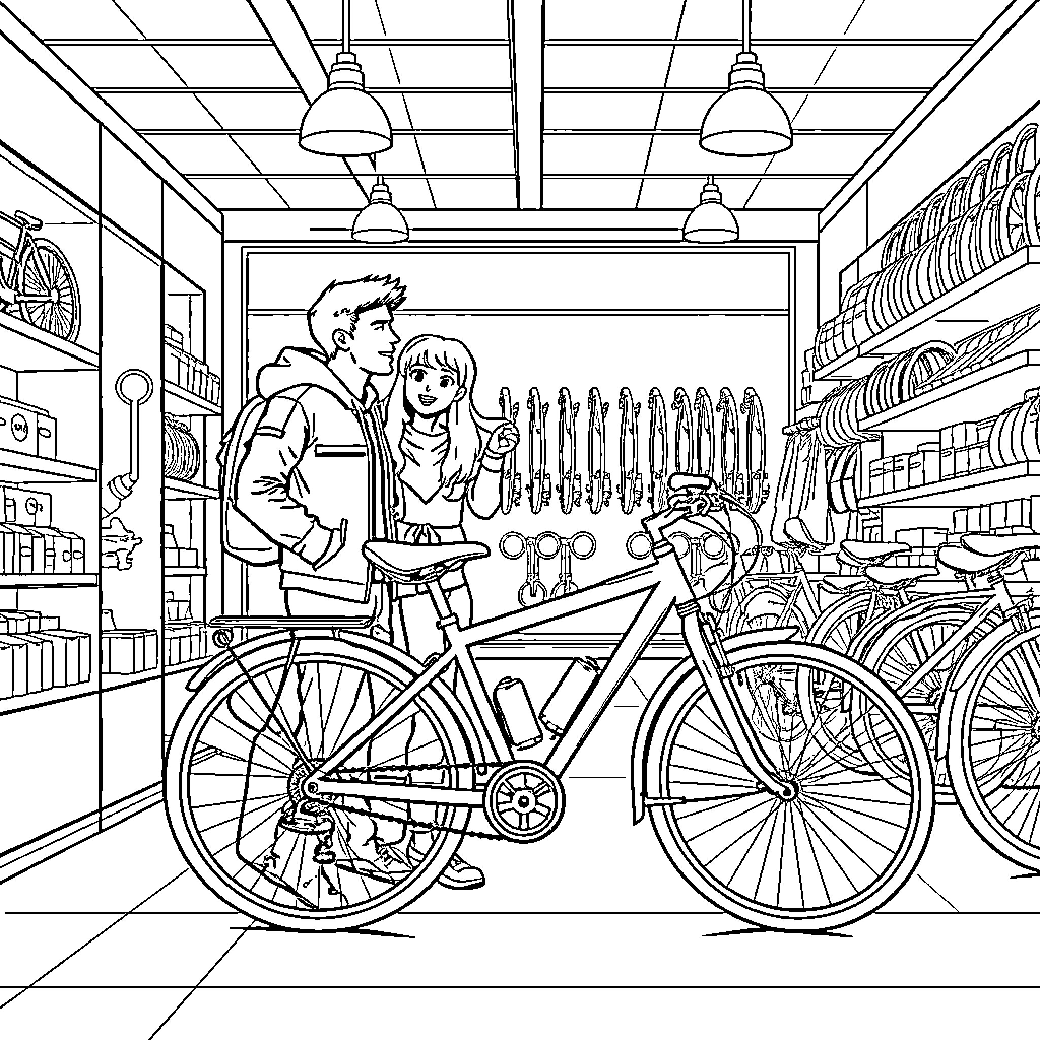 Bicycle Shop Interior with Couple Coloring Page (free black-and-white line drawing printable PDF for all, from beginners to advanced learners, including children, teens, adults, and seniors)