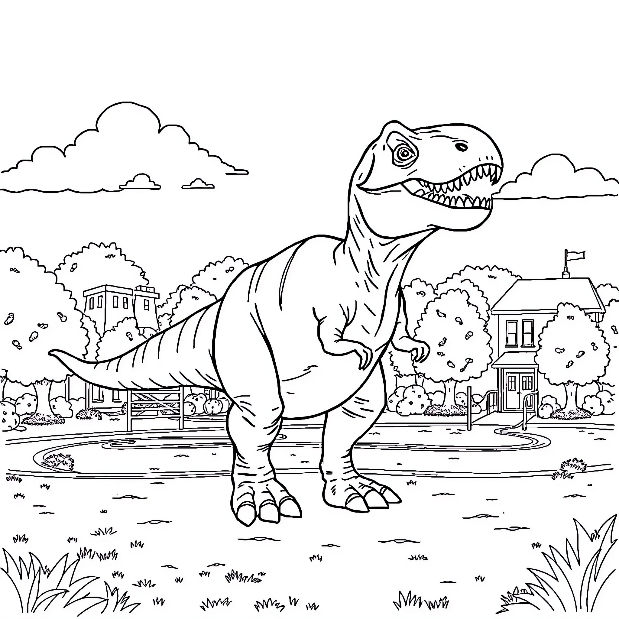 T-Rex roaming through a prehistoric landscape Coloring Page (free black-and-white line drawing printable PDF for all, from beginners to advanced learners, including children, teens, adults, and seniors)