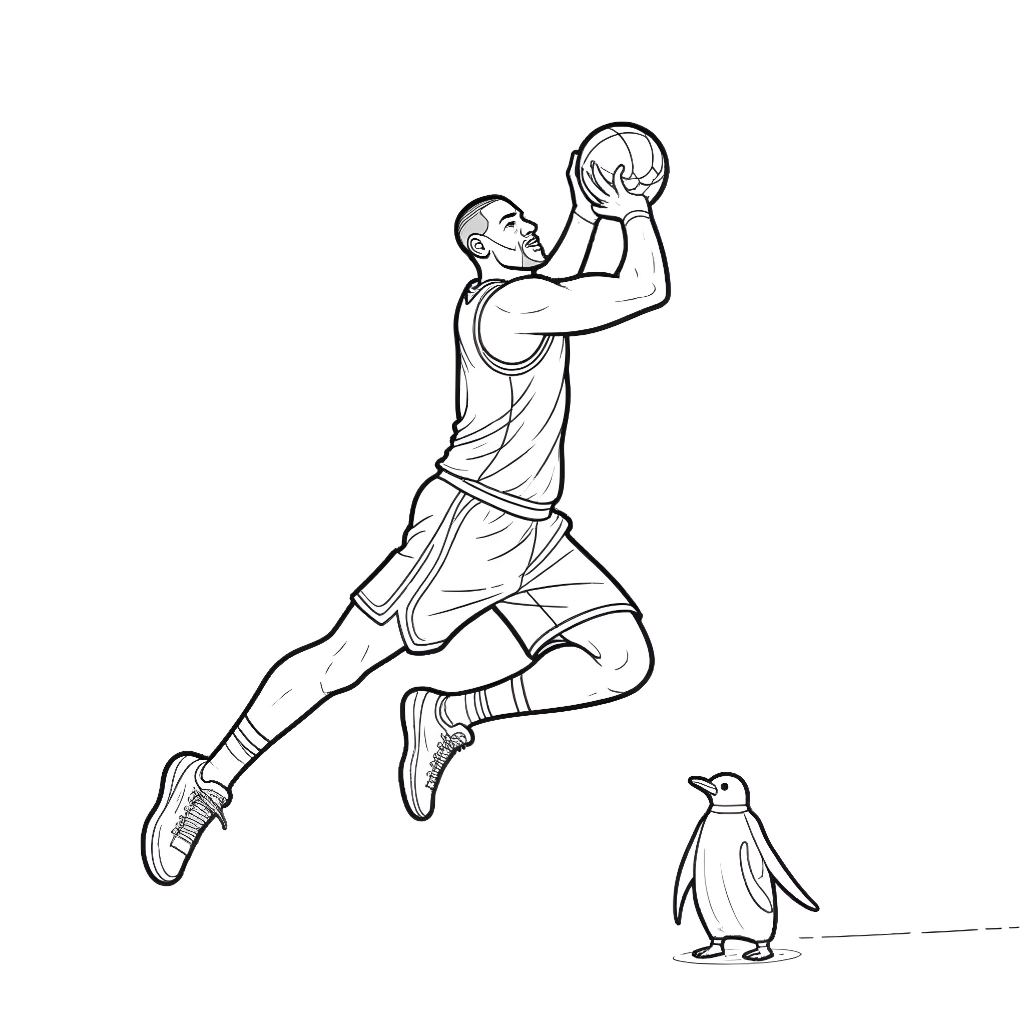 LeBron James jumping with basketball in front of penguin Coloring Page (free black-and-white line drawing printable PDF for all, from beginners to advanced learners, including children, teens, adults, and seniors)