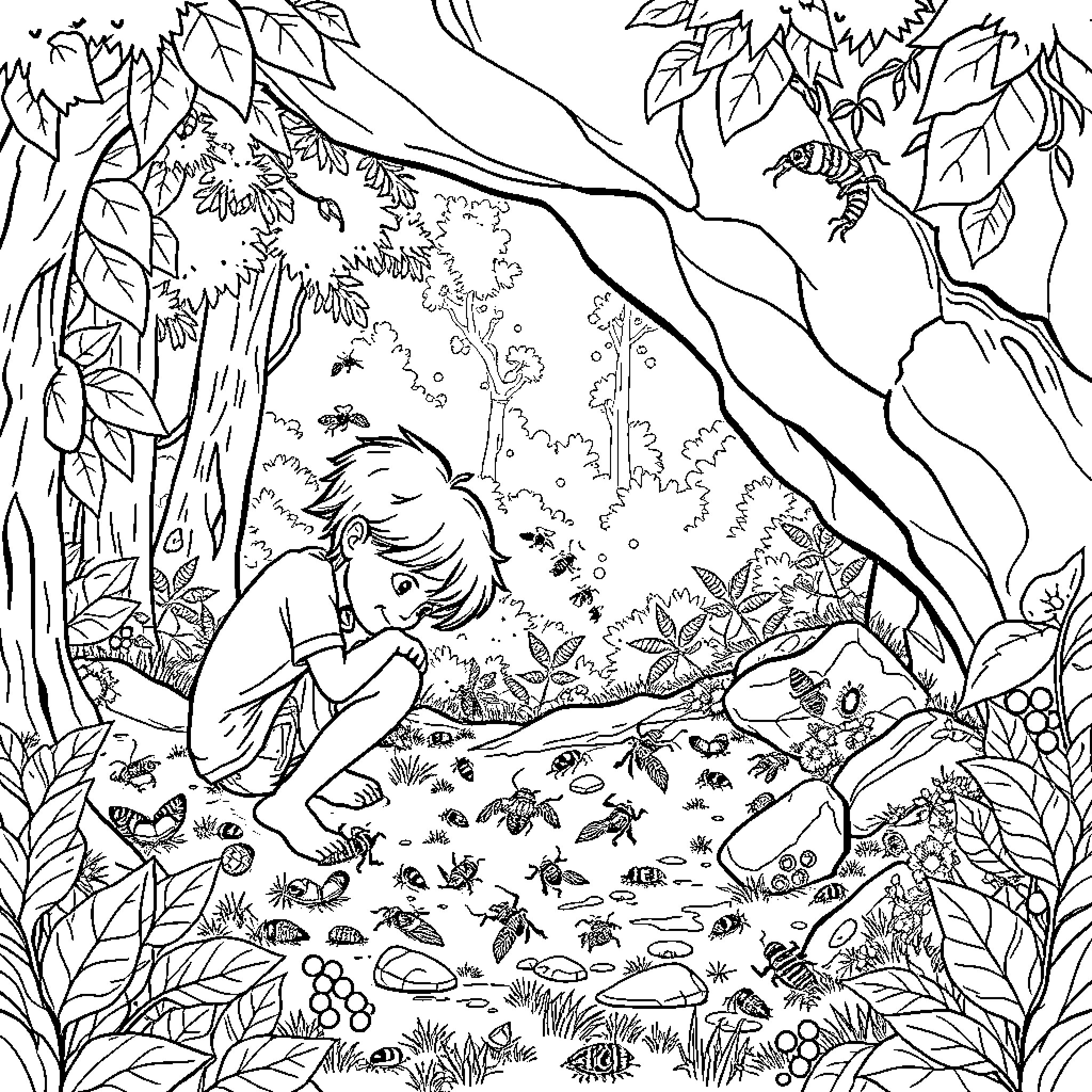 Kid exploring nature's wonders in the forest Coloring Page (free black-and-white line drawing printable PDF for all, from beginners to advanced learners, including children, teens, adults, and seniors)