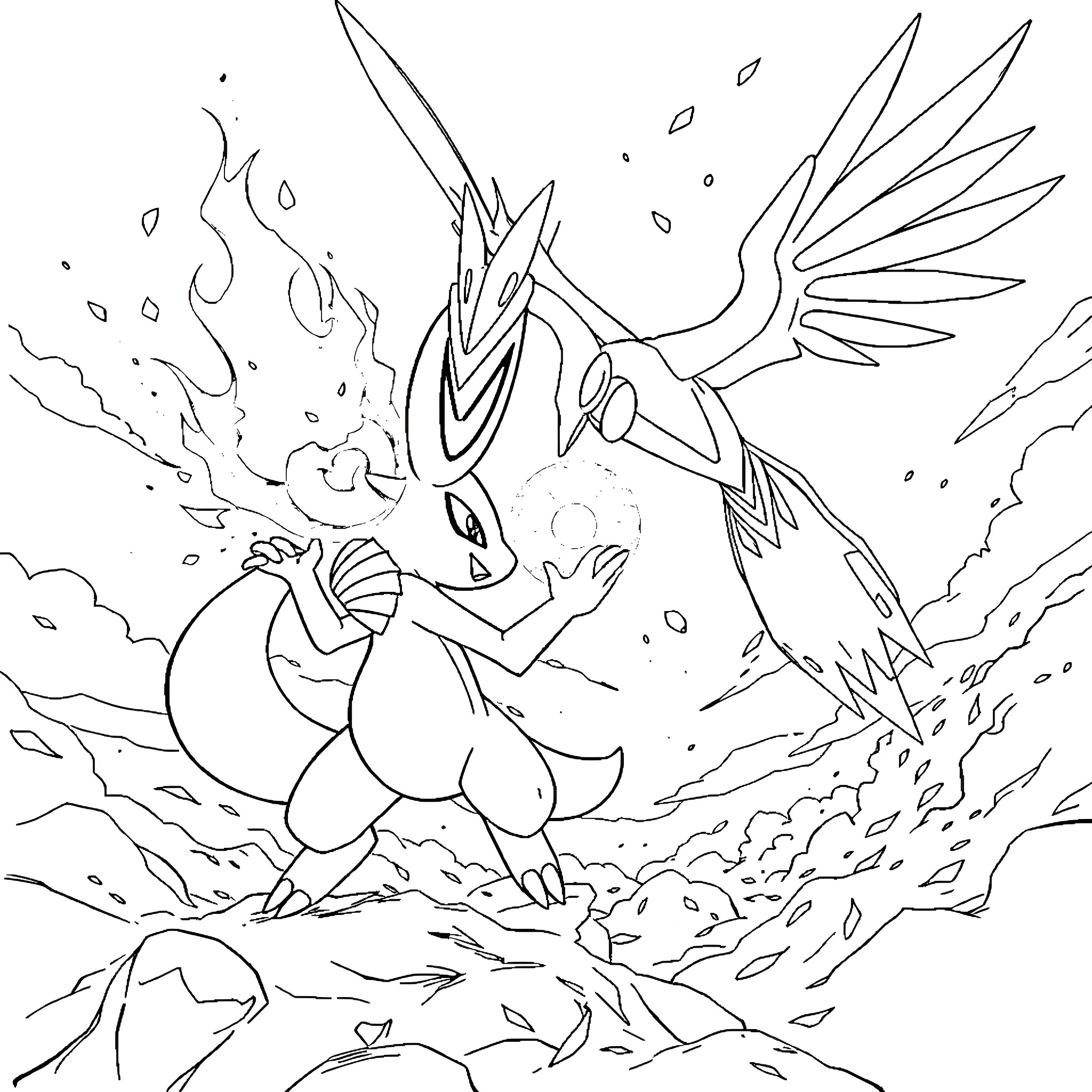 Lucario unleashing powerful aura in a dramatic scene Coloring Page (free black-and-white line drawing printable PDF for all, from beginners to advanced learners, including children, teens, adults, and seniors)