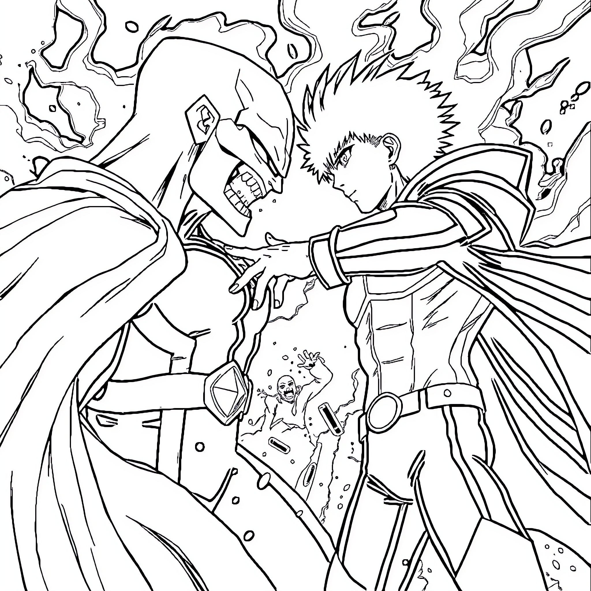 Titan warriors clashing in intense battle Coloring Page (free black-and-white line drawing printable PDF for all, from beginners to advanced learners, including children, teens, adults, and seniors)