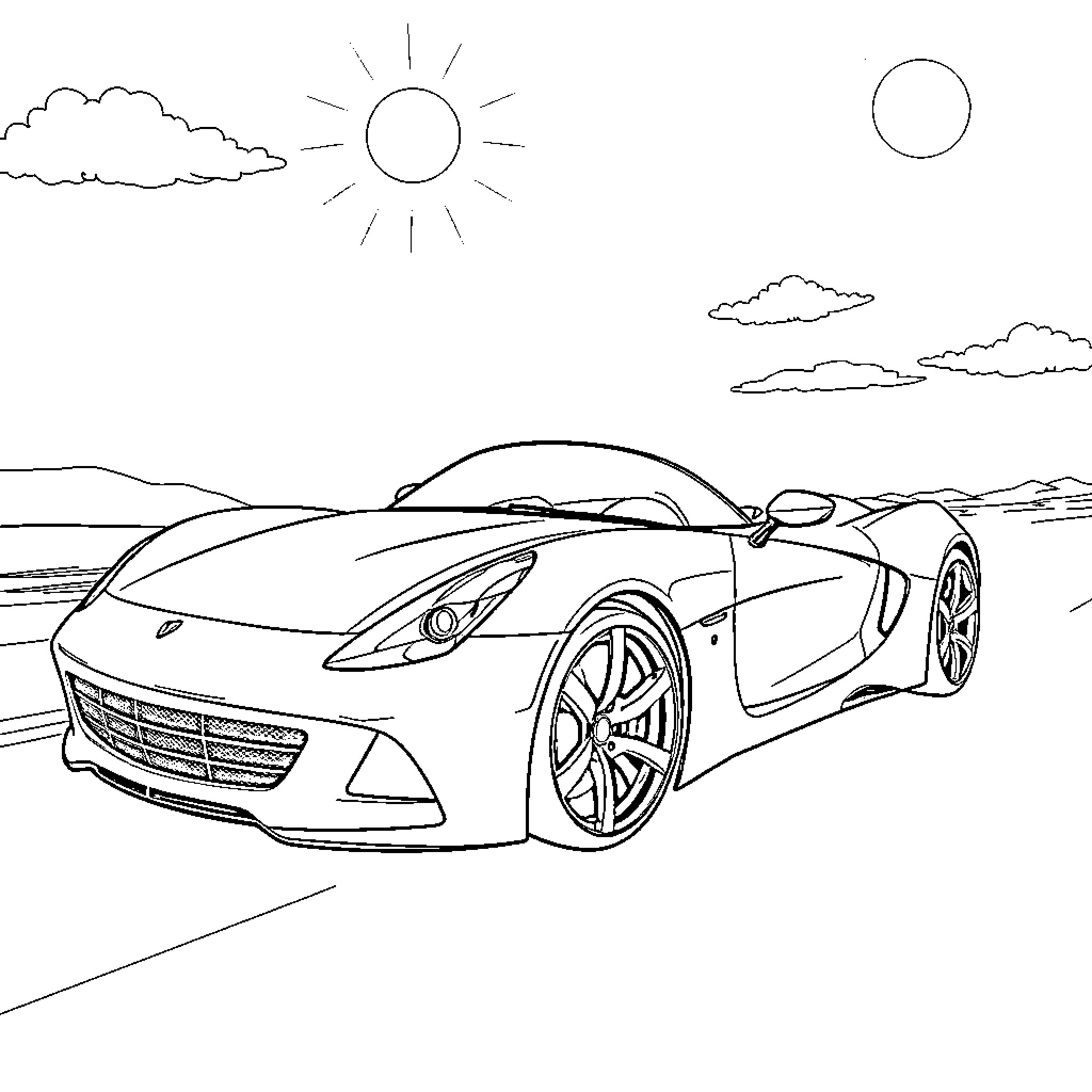 Sports Car Speeding Through Desert Landscape Coloring Page (free black-and-white line drawing printable PDF for all, from beginners to advanced learners, including children, teens, adults, and seniors)