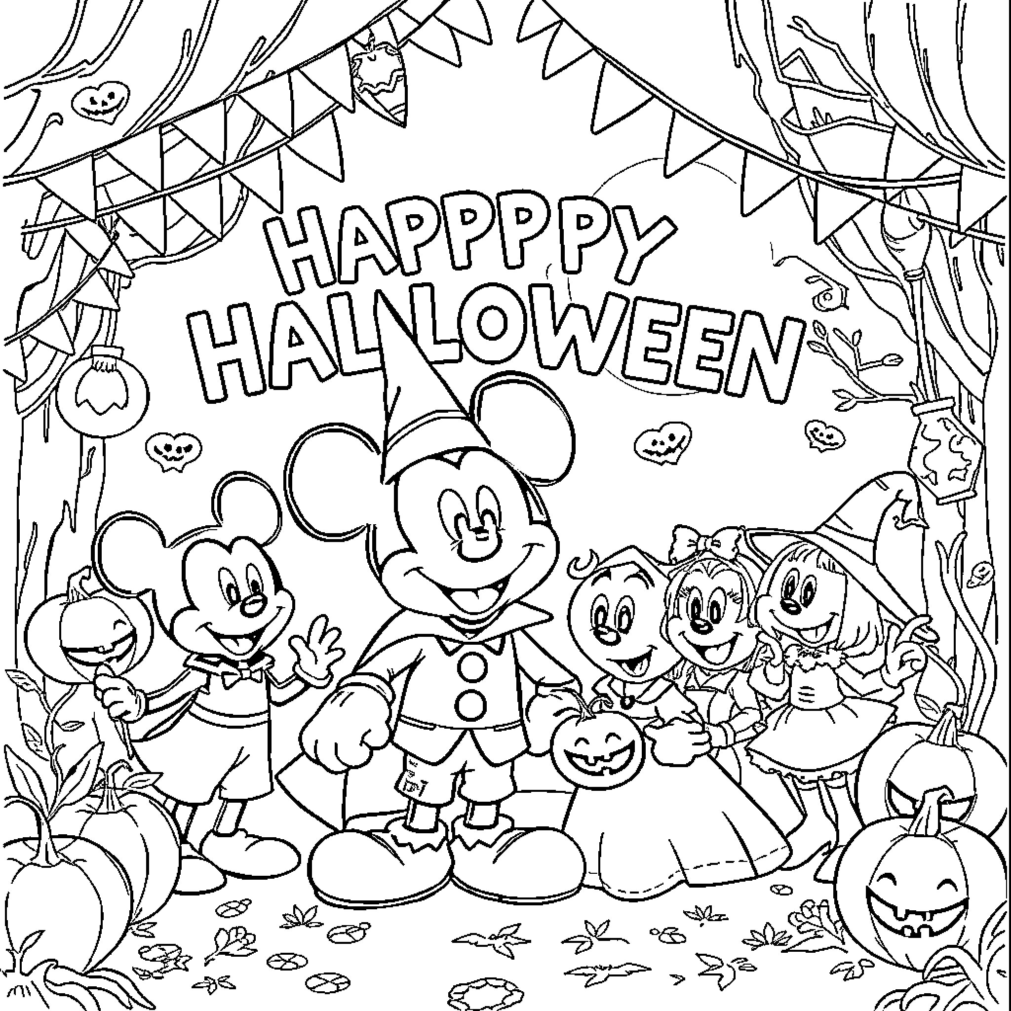 Disney Characters Celebrating Happy Halloween Coloring Page (free black-and-white line drawing printable PDF for all, from beginners to advanced learners, including children, teens, adults, and seniors)